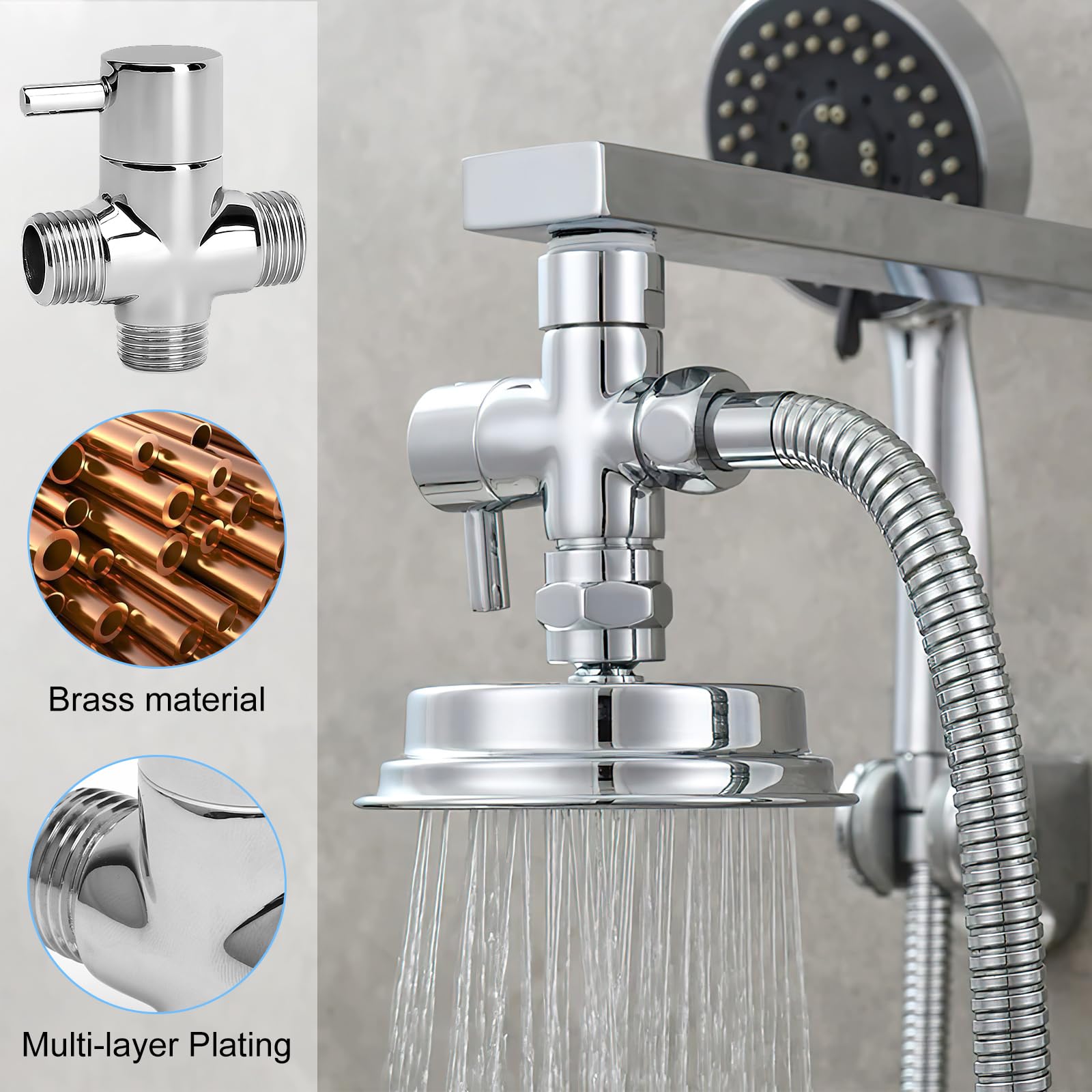 3-drożny zawór przełączający do prysznica G1/2 T-Adapter z masywnego mosiądzu, chromowany, z ceramiczną uszczelką, bez wycieku, uniwersalny, kompatybilny z taśmą uszczelniającą, rozdzielacz wody do