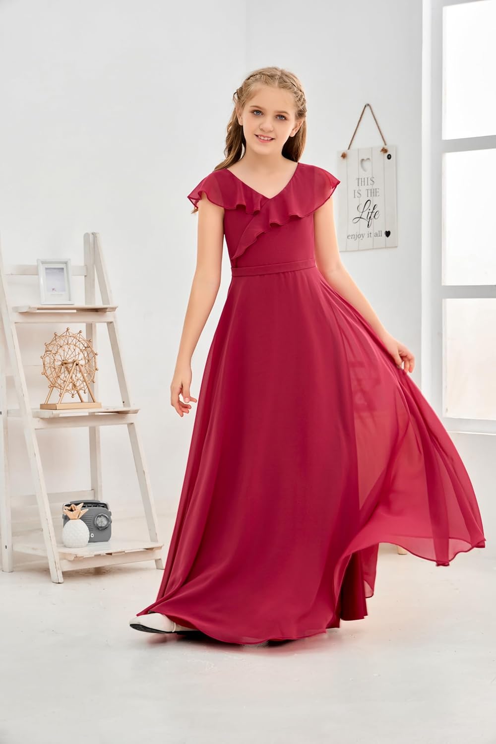 Junior Bridesmaid Dresses Chiffon Flower Girl Dress Girls Spaghetti Straps Party Pageant Gown Off-Shoulder