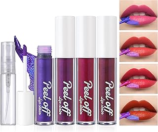 DAGEDA 4 Colors Lip Stain Peel off Set, Lip Stain Tattoo Color Lip Gloss, Lip Satin Peel off Long Lasting, Waterproof Liquid Lipstick with 5ML Empty Bottle, Lip Stain Tint Non-stick Cup Lip Makeup