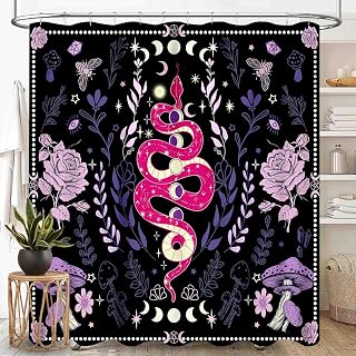 Witchy Snake Shower Curtain, Boho Aesthetic Fairy Mushroom Floral Wizard Mysterious Gothic Tarot Art Decor Purple Waterproof Fabric Bathroom Shower Curtain Set with Hooks, 72"x72" Inch