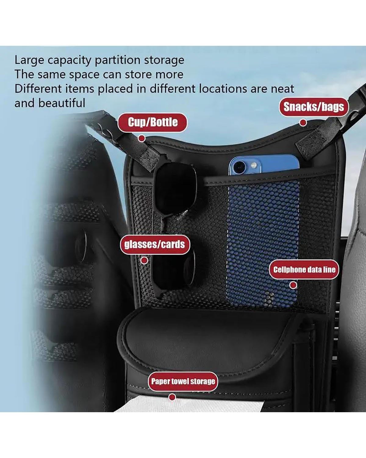 Rete portaoggetti per Auto, Accessori per Interni Auto, Tasca portaoggetti Multifunzionale tra i sedili dell'auto, Tasca a Rete per Auto, portaborse, Portatile (Nero)