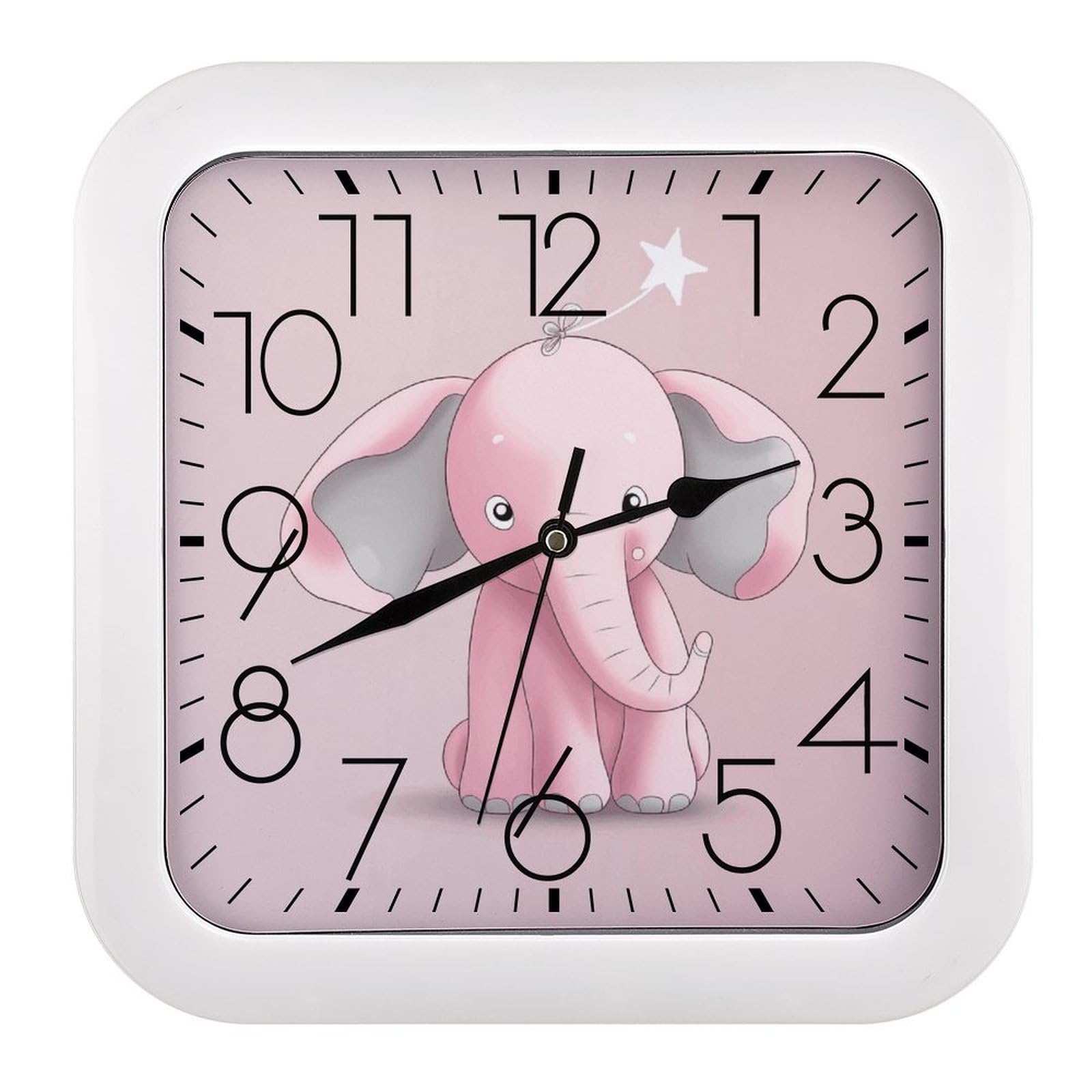 LZQPOEAS Pink Elephant Square Wall Clock, 10.2 Inch Battery Operated Silent Non-Ticking Wall Clock, Square Analog Decorative Clock for Home Wall Art, Living Room, Bedroom, and Office