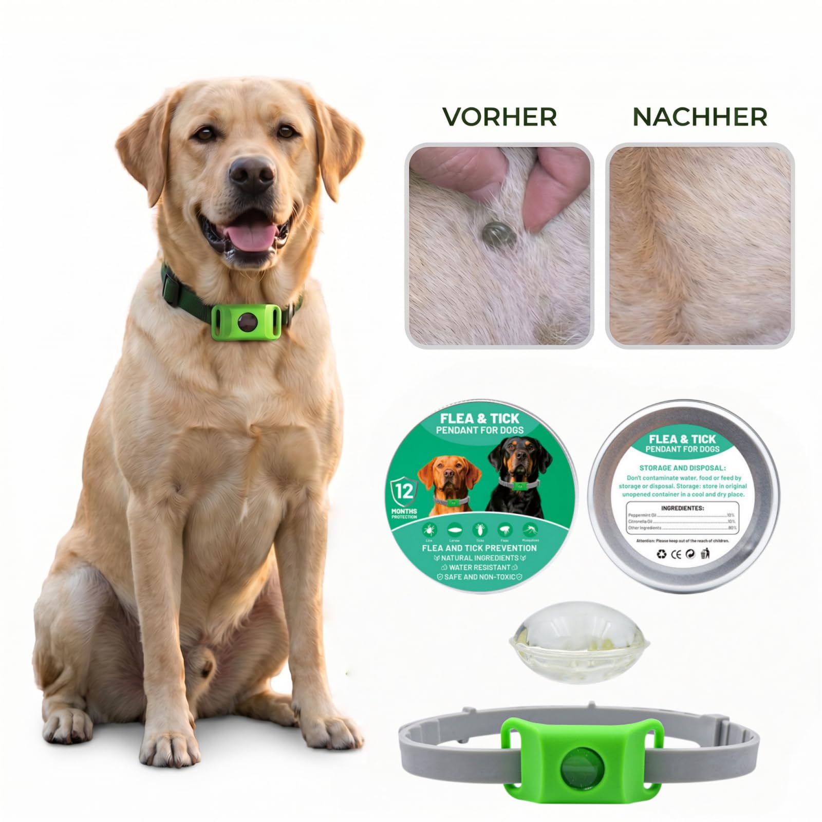 Fallschutz Gegen Zecken,Natürliches Floh und Zeckenhalsband für Hunde,Verstellbarer Parasitenschutz Anhänger mit ätherischen Ölen,2 austauschbaren Kapseln,hautschonend ohne Hautkontakt