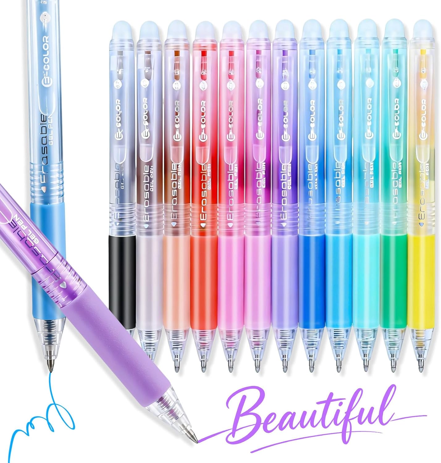 12 Colors Erasable Gel Pens, Retractable Clicker 0.7mm Fine Point, Friction Eraser Pen, Smooth Writing Multicolor Gel Pens for Writing, Drawing, Planners, Crossword Puzzles, School & Office