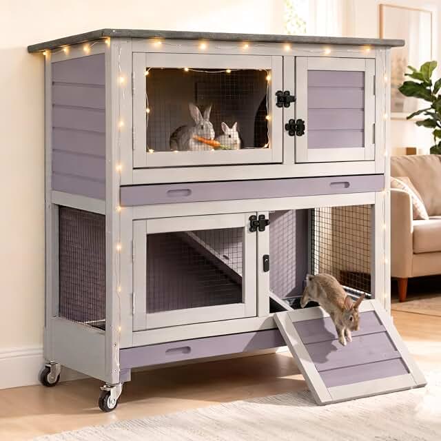 Suumerpety two-story wooden rabbit hutch with pull-out trays