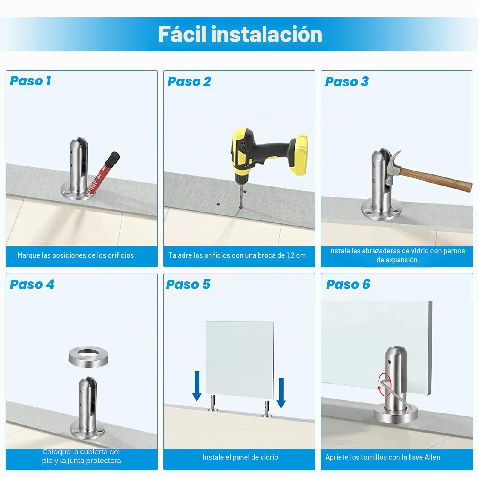 Abrazadera de cristal, 304 para piscina abrazadera de cristal inoxidable abrazadera para valla cristal de 8 a 12 mm suelo de valla de cristal para casa escaleras baño balcón 3,9 x 3,9 x 6,7 pulgadas