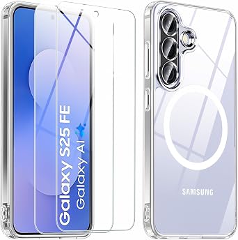 جراب مغناطيسي لهاتف Samsung Galaxy S25 FE مع واقي شاشة 2X،متوافق مع MagSafe،جراب هاتف نحيف من السيليكون الصلب مقاوم للصدمات لهاتف Samsung S 25 FE 5G،شفاف