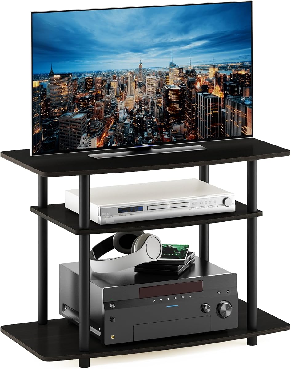 Furinno Turn-N-Tube No Tools 3-Tier Entertainment Center TV Stand for TV up to 32 Inch, Plastic Round Tubes, Espresso/black