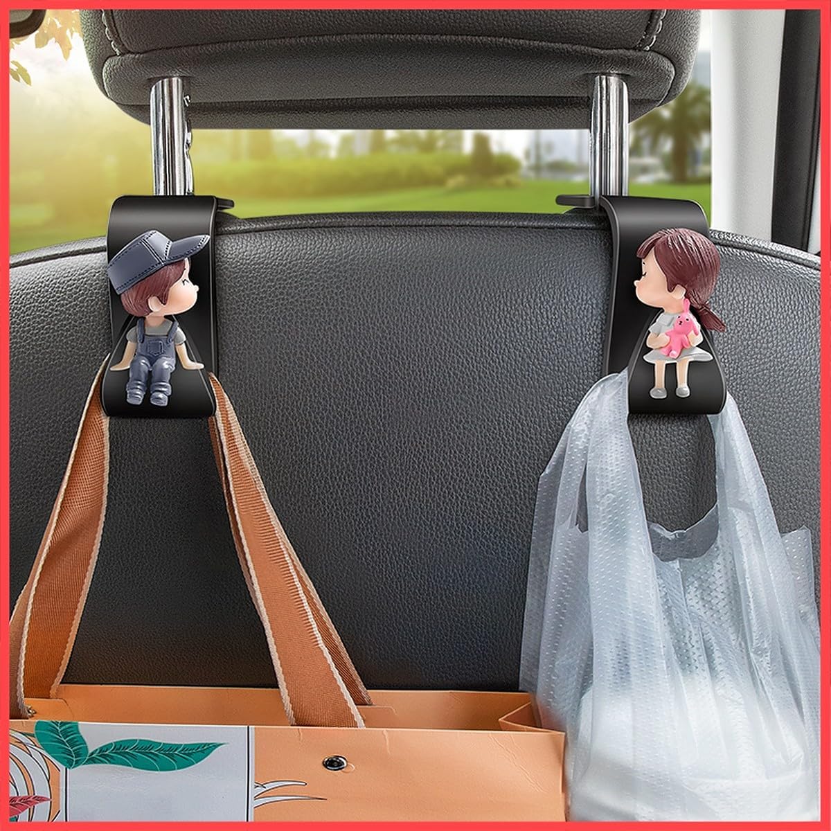 - wolpin Love Couple Car Backseat Headrest Hook (Pack of 2) | Universal Hanger for Handbag Wallet Keys Grocery Bags | Durable Car Seat Organiser Space Saver Hook for Car Interior