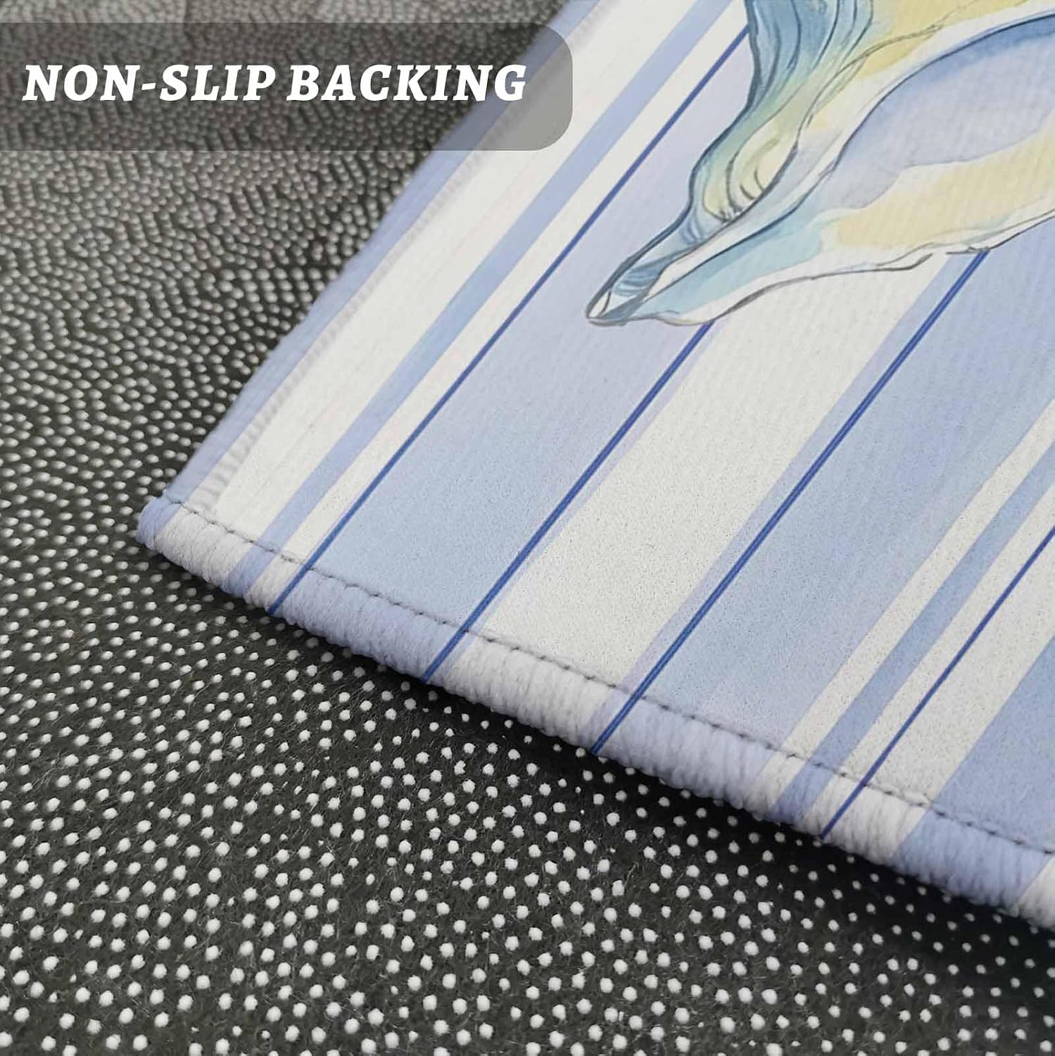 Kitchen Mats for Floor Summer Watercolor Conch Shell Washable Non Slip Kitchen Rugs 2PCS, Marine Ocean Life Blue Stripe Absorbent Standing Mats for Sink Office Living Room 15.7x23.6in+15.7x47.2in