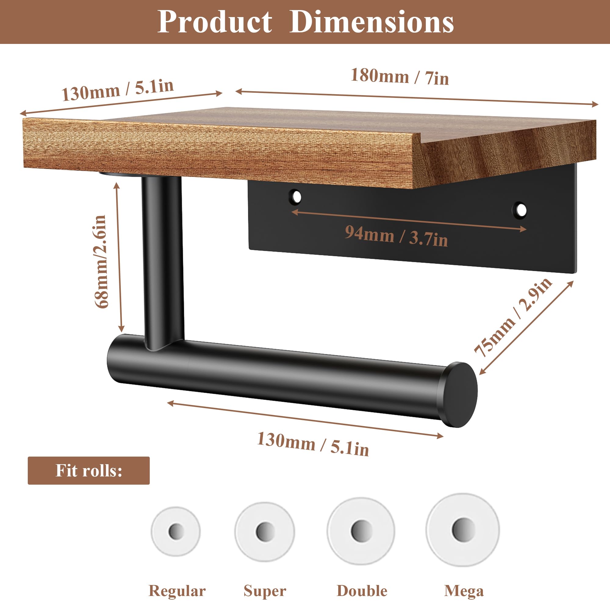 Tindbea Toilettenpapierhalter Mit Holzregal – Wenge-Holz, Schwarzer Edelstahl, Für Mega-Rollen