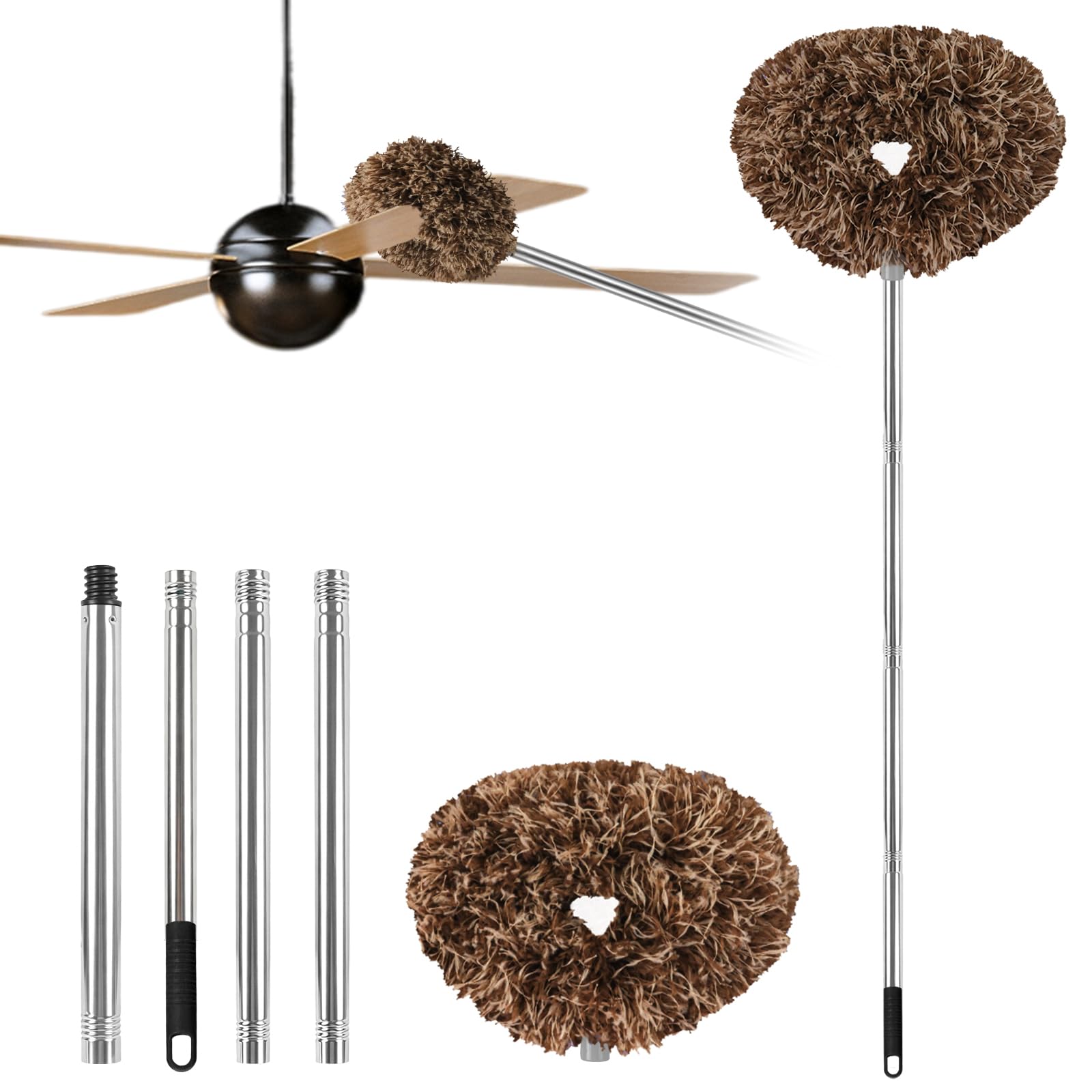 Ceiling Fan Cleaner Duster Reusable Microfiber Ceiling Fan Blade Cleaner Removable Duster with Extension Pole Adjusts 13 to 49.7 Inch for Cleaning Walls Furniture Door Window Top (Beige Brown)