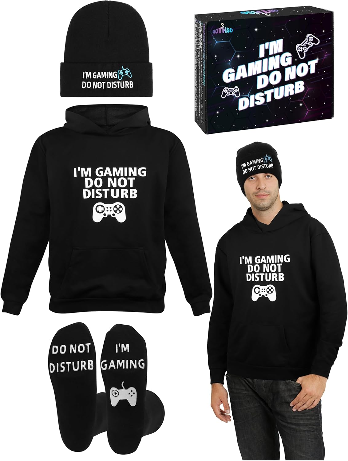 AOTHSO 4 Pieces Do Not Disturb I'm Gaming Hoodie Socks Hat Set Christmas Birthday Gifts for Teenage Boys Adult Gamer Gifts