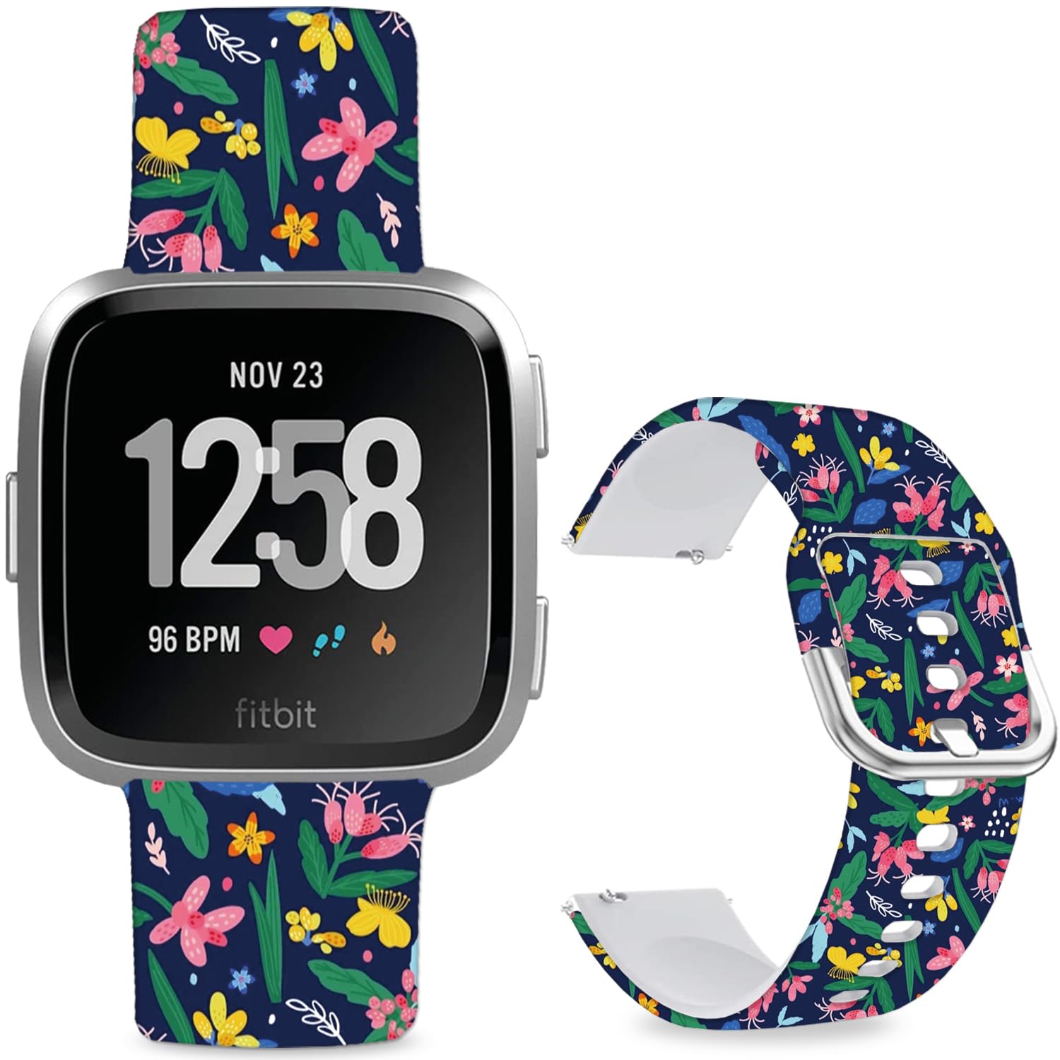 Leotop Pattern Printed Soft Silicone Replacement Bands Compatible with Fitbit Versa/Fitbit Versa 2 for Women Men Teens. (Yellow Pink Flower Green Blue Leaf) — image 1
