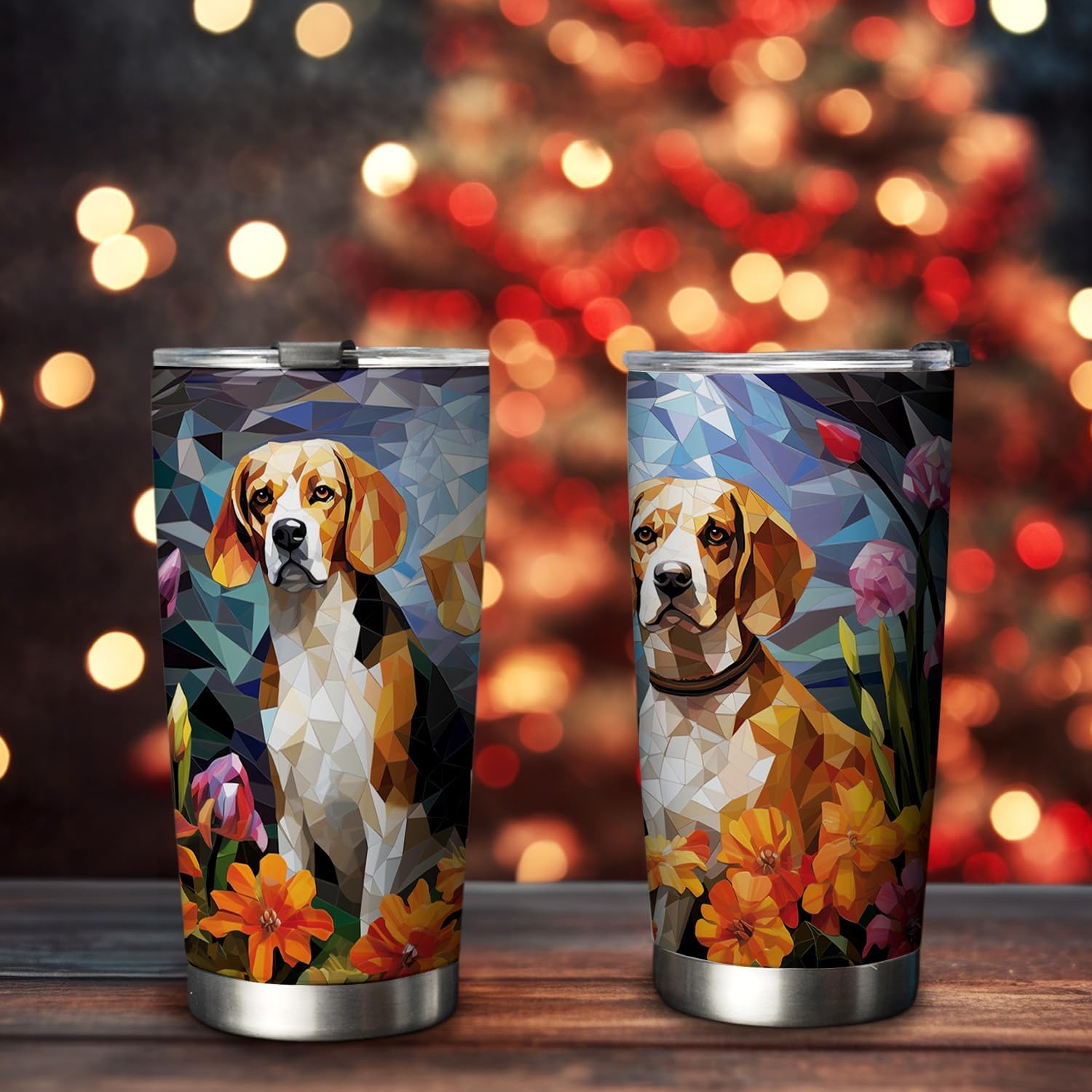 20oz Colorful Sihouette Mosaic Stained Glass Crystal Family Couple Beagle Tumbler, Gifts for Beagle Lovers, Stainless Steel Double Wall Vacuum Insulated Coffee Mug, Travel Cup with Lid