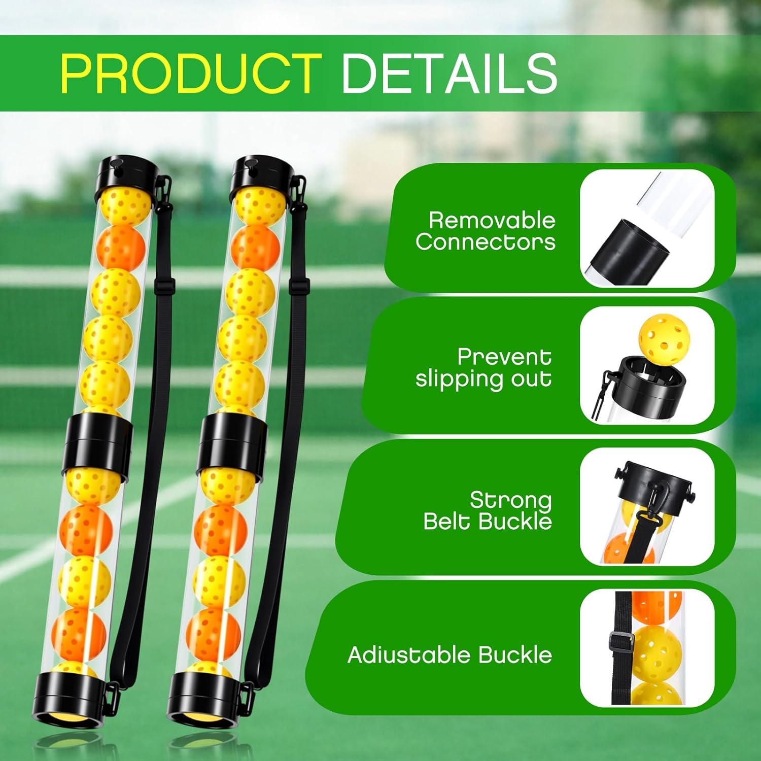 Soulchen 2 Pack Ball Retriever Upper Compatible with Pickleball Tennis Pickup Tube Holds 11/16 Balls with Shoulder Strap Easy Pickup Portable Ball Holder Storage Compatible with Pickleball