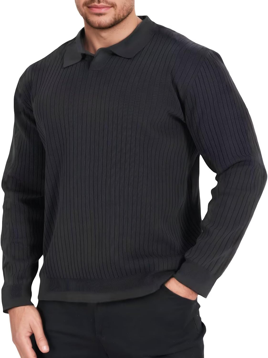 Epoleatries Mens Long Sleeve Knit Polo Shirt Lightweight Ribbed Polos Sweater Fall Winter Thermal Pullover Shirts with Collar
