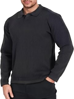 Mens Long Sleeve Knit Polo Shirt Lightweight Ribbed Polos Sweater Fall Winter Thermal Pullover Shirts with Collar
