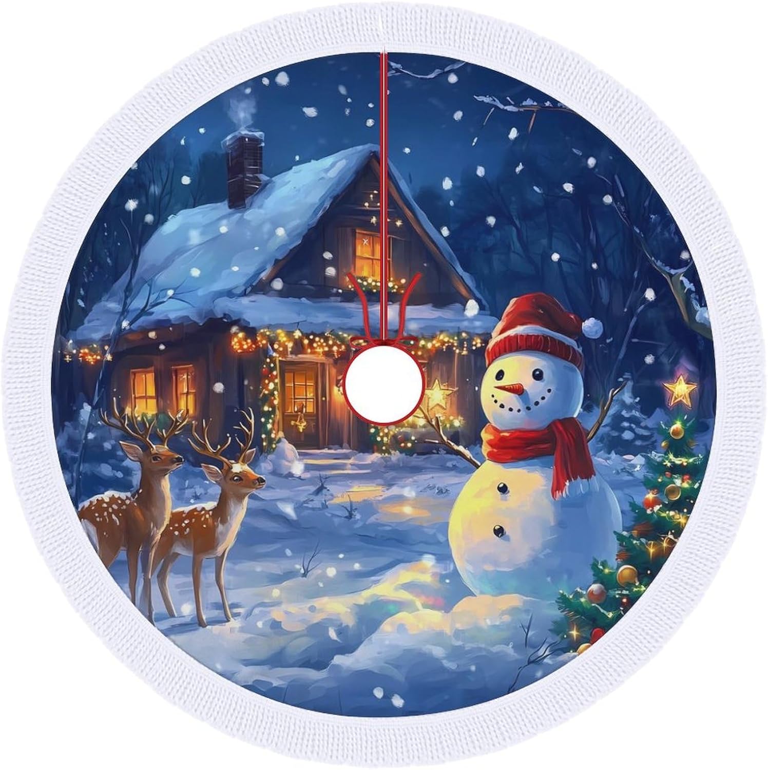 Christmas Deer Snowy Christmas Tree Skirt Round Xmas Tree Mat Ornaments Tree Skirts with Tassels for Holiday Party