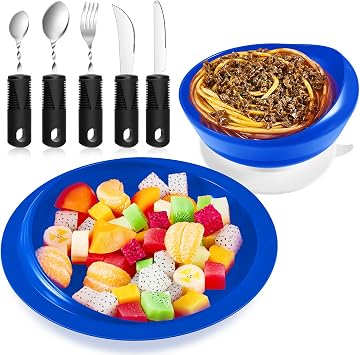 2 Sets Adaptive Utensils Bowl and Plate Set Adaptive Self Feeding Dinnerware with Suction Base Non Slip Bendable Cutlery for Elderly Disabled Hand Tremors Arthritis ParkinsonBlue