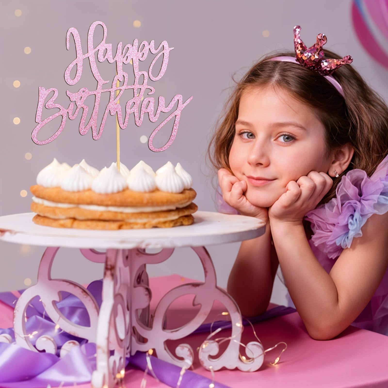 Losaria Happy Birthday Cake Topper, Rosa Krone Aus Acryl Mit Glitzer, Ca. 11-12 Cm, Für Mädchengeburtstag