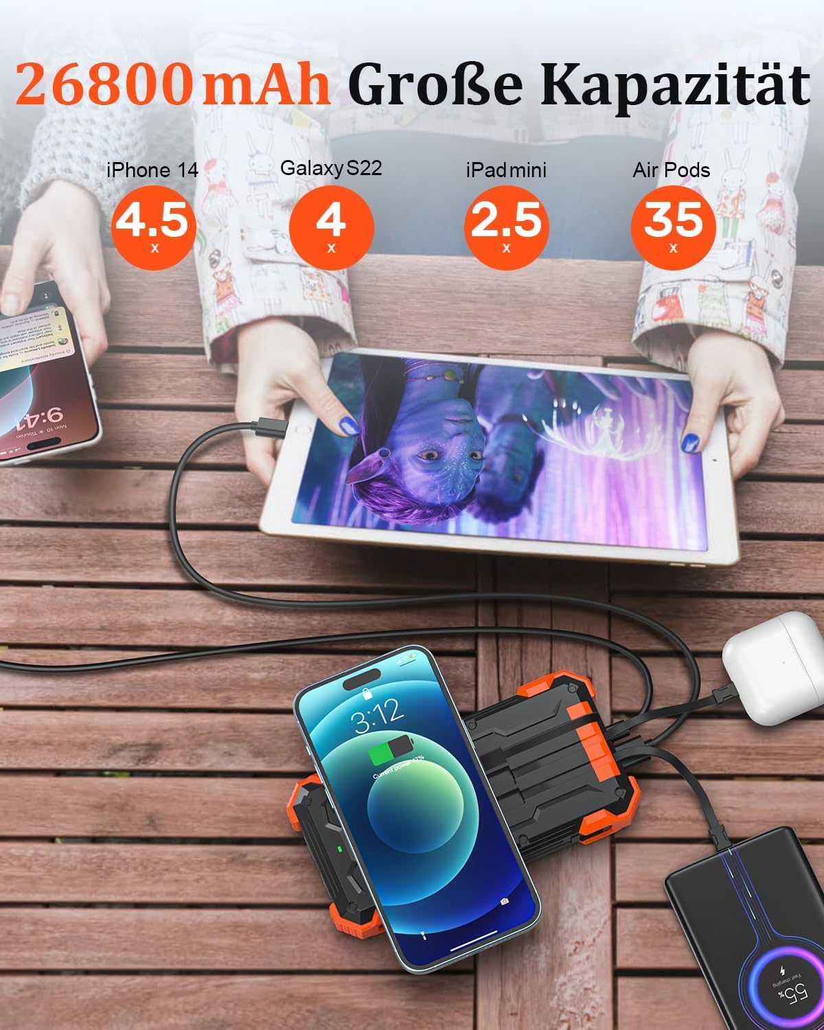 Power Bank Solaire 26800mAh - Chargeur Portable avec 4 Câbles Intégrés, USB-C Rapide, Charge sans Fil, LED Torche, pour Téléphones, Tablettes & Camping