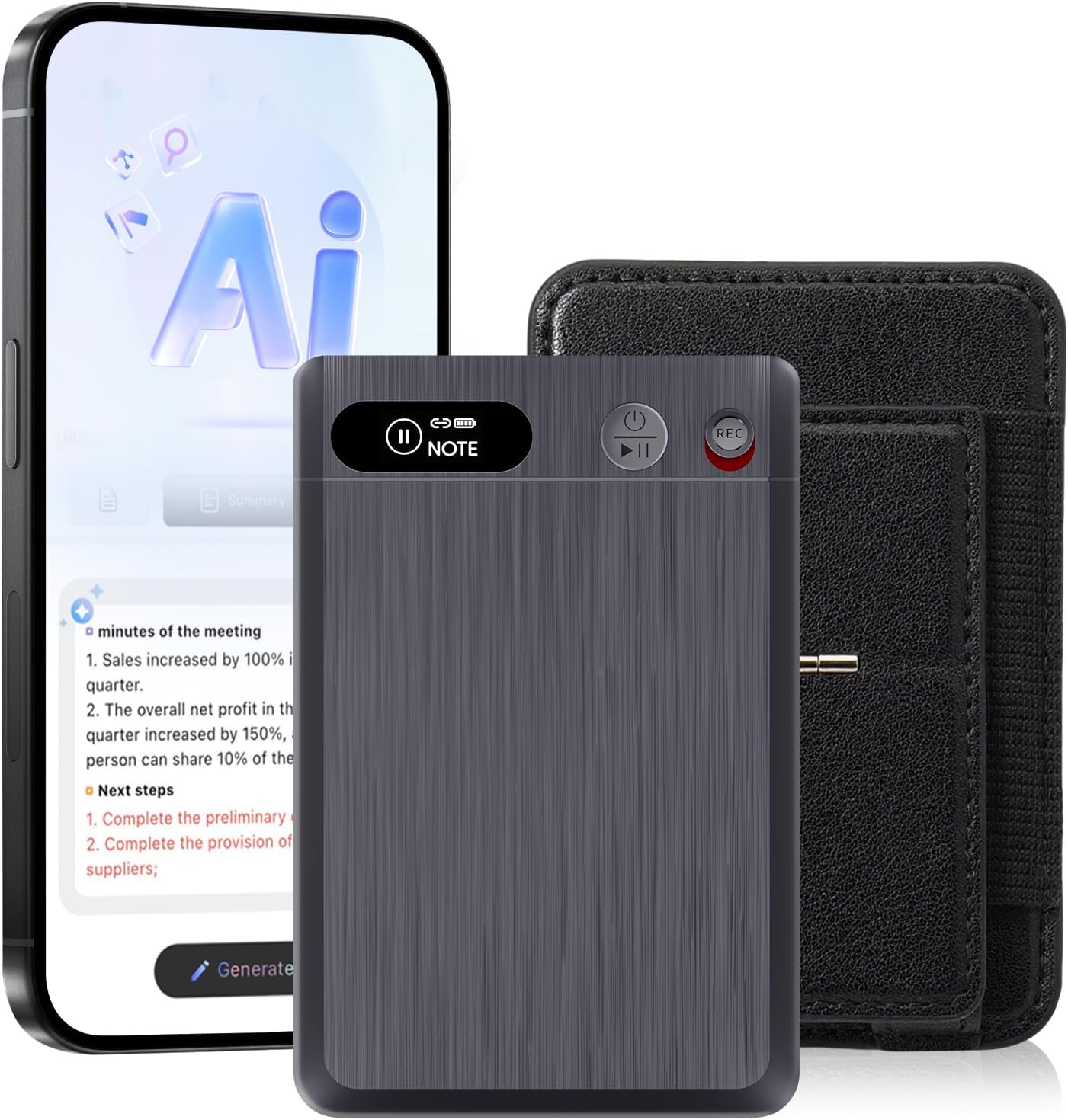 AI Voice Recorder, App Control, Transcribe, Summary and Mind Map, 64GB for Lectures, Meetings, Interviews, Creative Work and Calls with Case (Gunmetal)