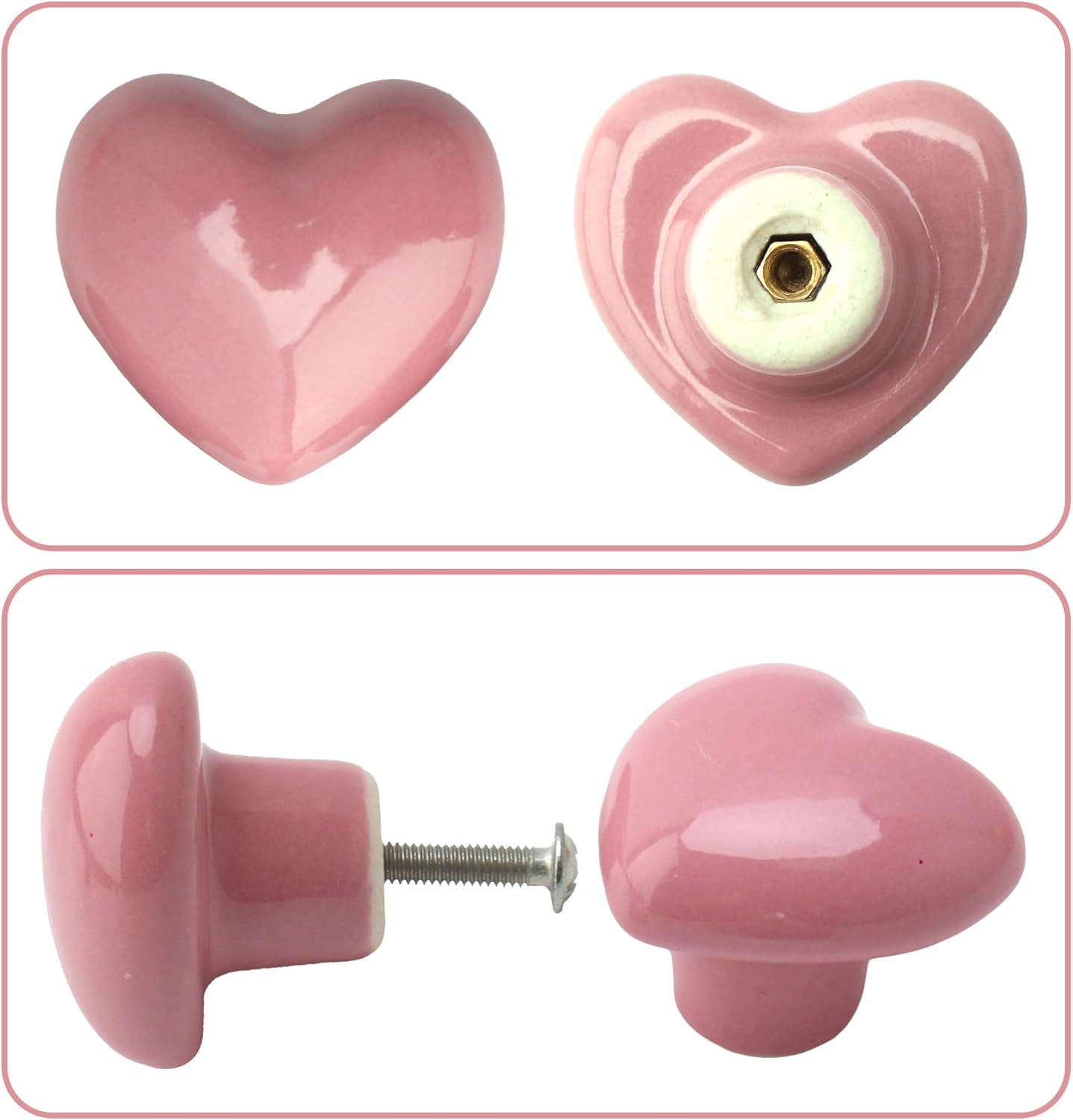 Azude Pink Heart Drawer Knobs for Girls Room 4 Pack, Ceramic Heart Shaped Cabinet Pulls and Handles for Nursery Dresser, Cute Decorative Hardware for Kids Wardrobe, 1.57 Inch