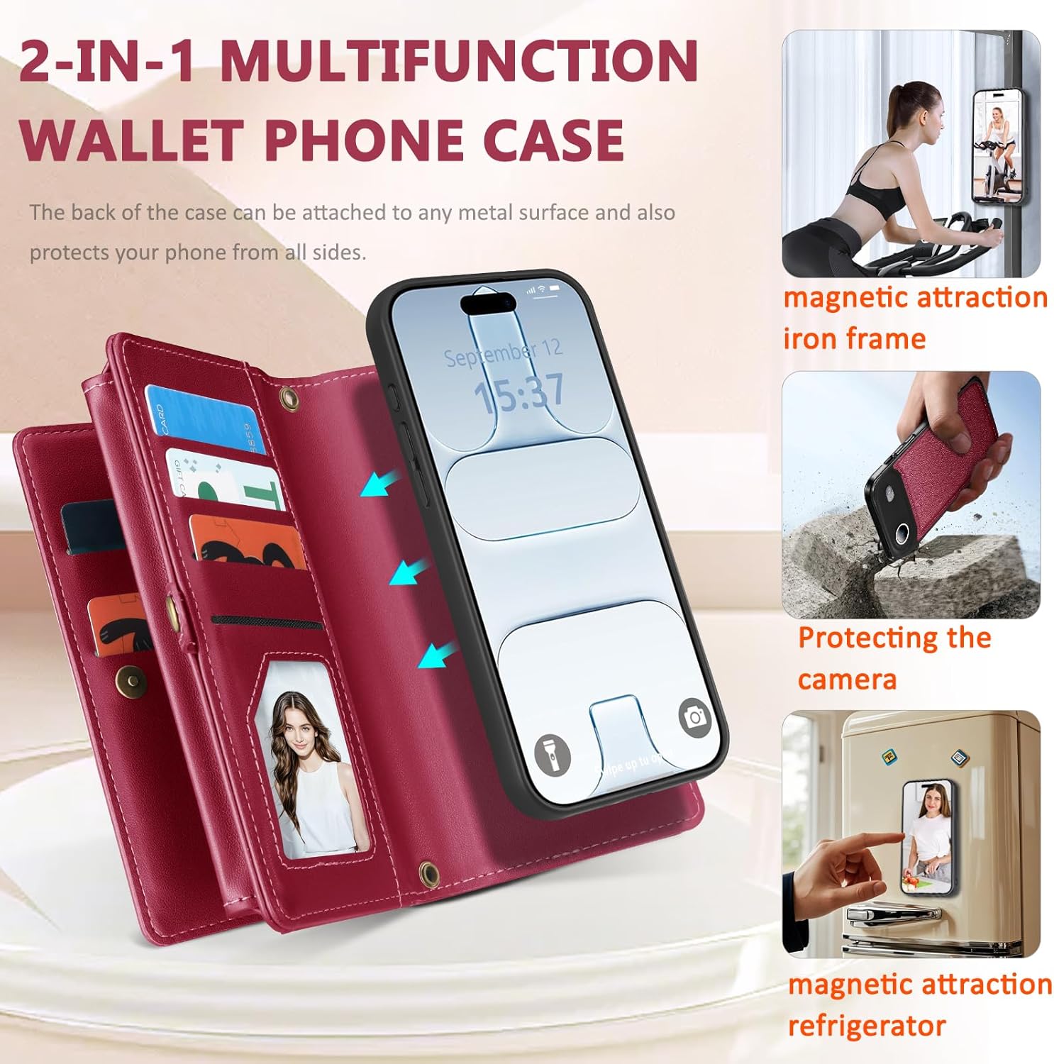 for iPhone 17 Air Wallet Case, Detachable Magnetic Phone Case,Faux Leather Strap Wallet,with RFID Blocking,Zipper Card Holder?Shoulder Straps(Red)