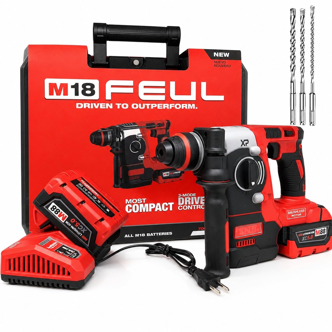 Trapano Tassellatore a Percussione SDS PLUS M88 con Motore Brushless 2 Batterie 5Ah 2.3J 0-1200 RPM 3200 BPM Luce LED Martello Perforatore