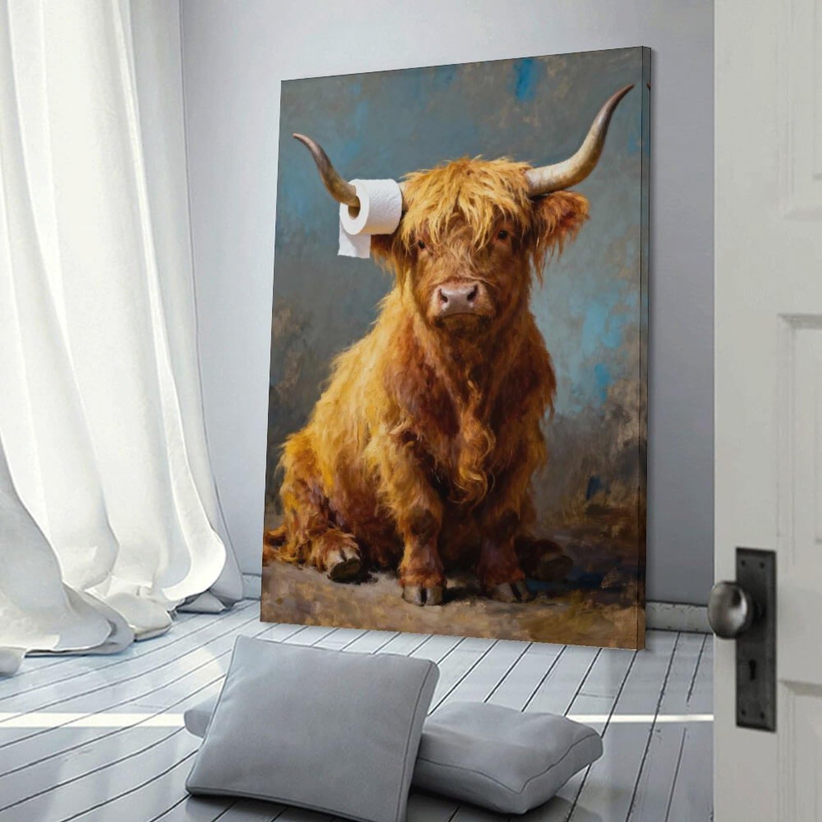 Junmoney Hanging Wall Art Highland Cow with Toilet Paper, 08x12inch(20x30cm), for Wall Displays, Bedrooms Or Room Updates, Wall Decor Suited to Curated Displays