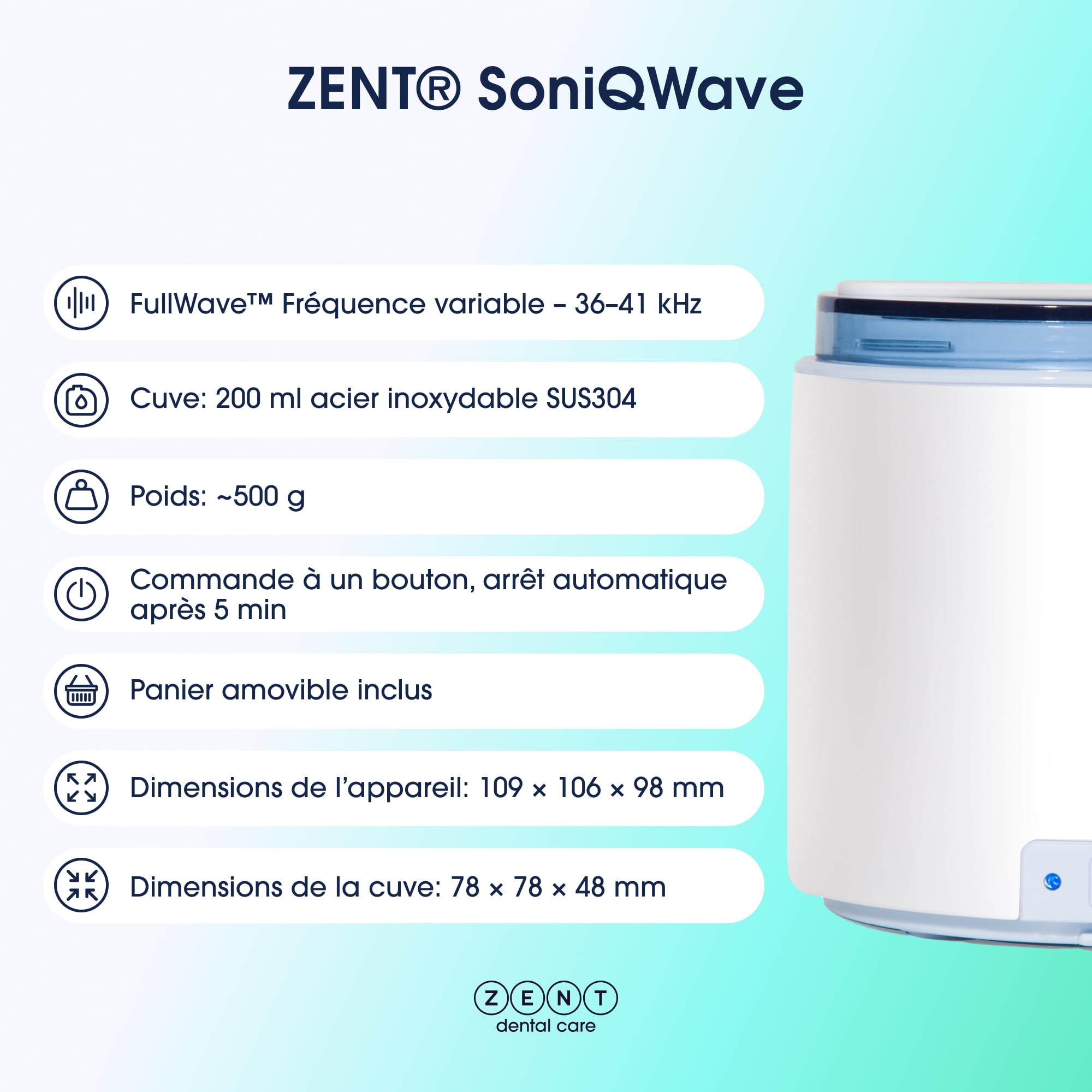 ZENT SoniQWave Nettoyeur ultrasons 200ml, Bac ultrason pour Prothèses Dentaires, Aligneurs orthodontiques, Nettoyant bijoux - Technologie de nettoyage à 360°, Idéal pour voyager, Dispositif médical