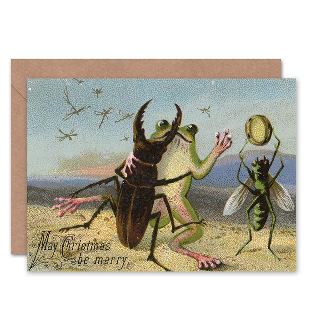 Christmas Xmas Merry Dancing Frog Beetle Blank Greeting Card With Envelope