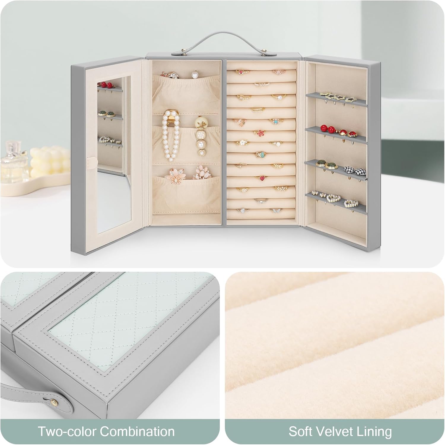 DesignSter Jewelry Box for Women, Jewelry Storage with Mirror, Travel Jewelry Organizer with Handle for Stud Earrings, Rings, Necklaces, Bracelets(Gray & Tea Green)