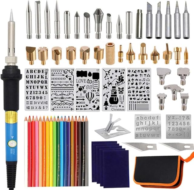 71Pcs Wood Burning Kit, Wood Burning Pyrography Pen Set,Adjustable Temperature Soldering Engraving and Crafts Tools for Wood Burning/Soldering/Carving with Stencils+ Wood Soldering Tips+ Pencils
