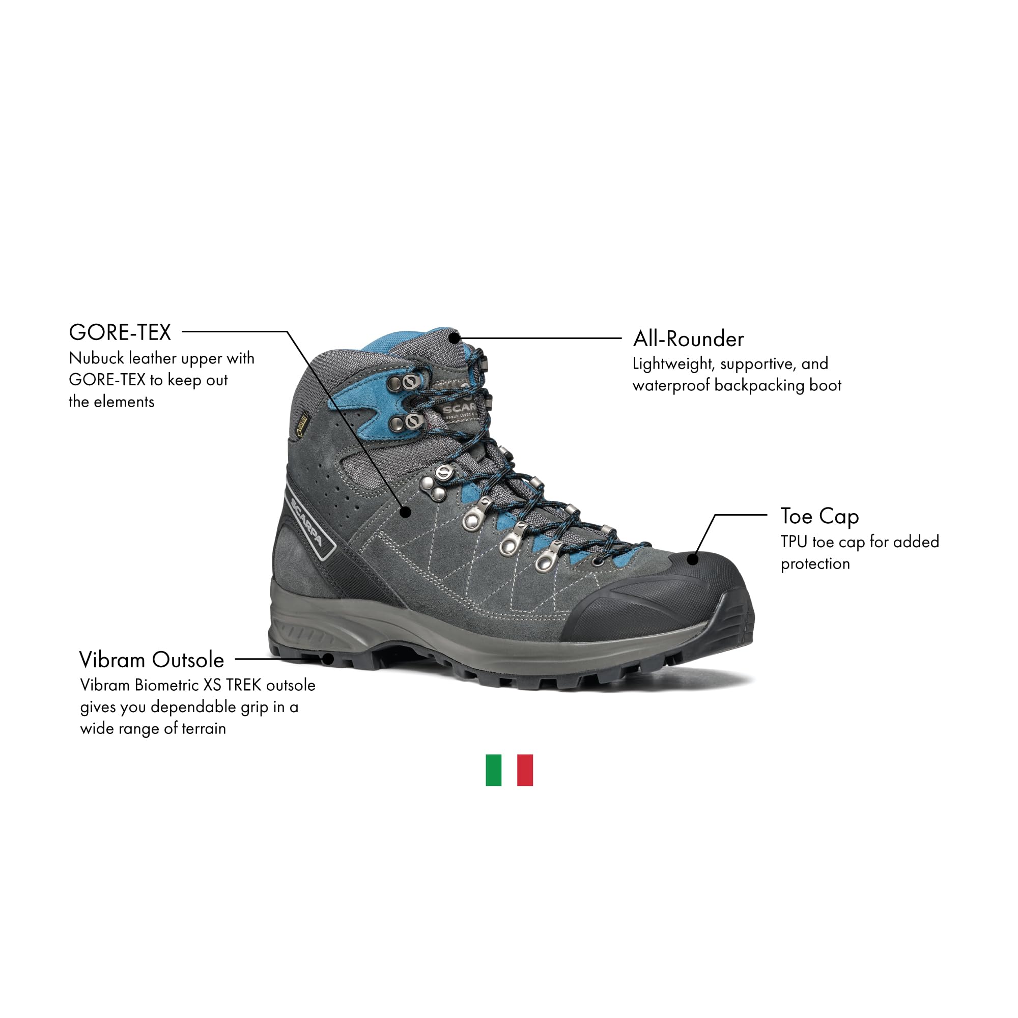 SCARPA Men's Kailash Trek GTX Waterproof Gore-Tex Lightweight Boots for Backpacking and Hiking - Shark Grey/Lake Blue - 7.5-8
