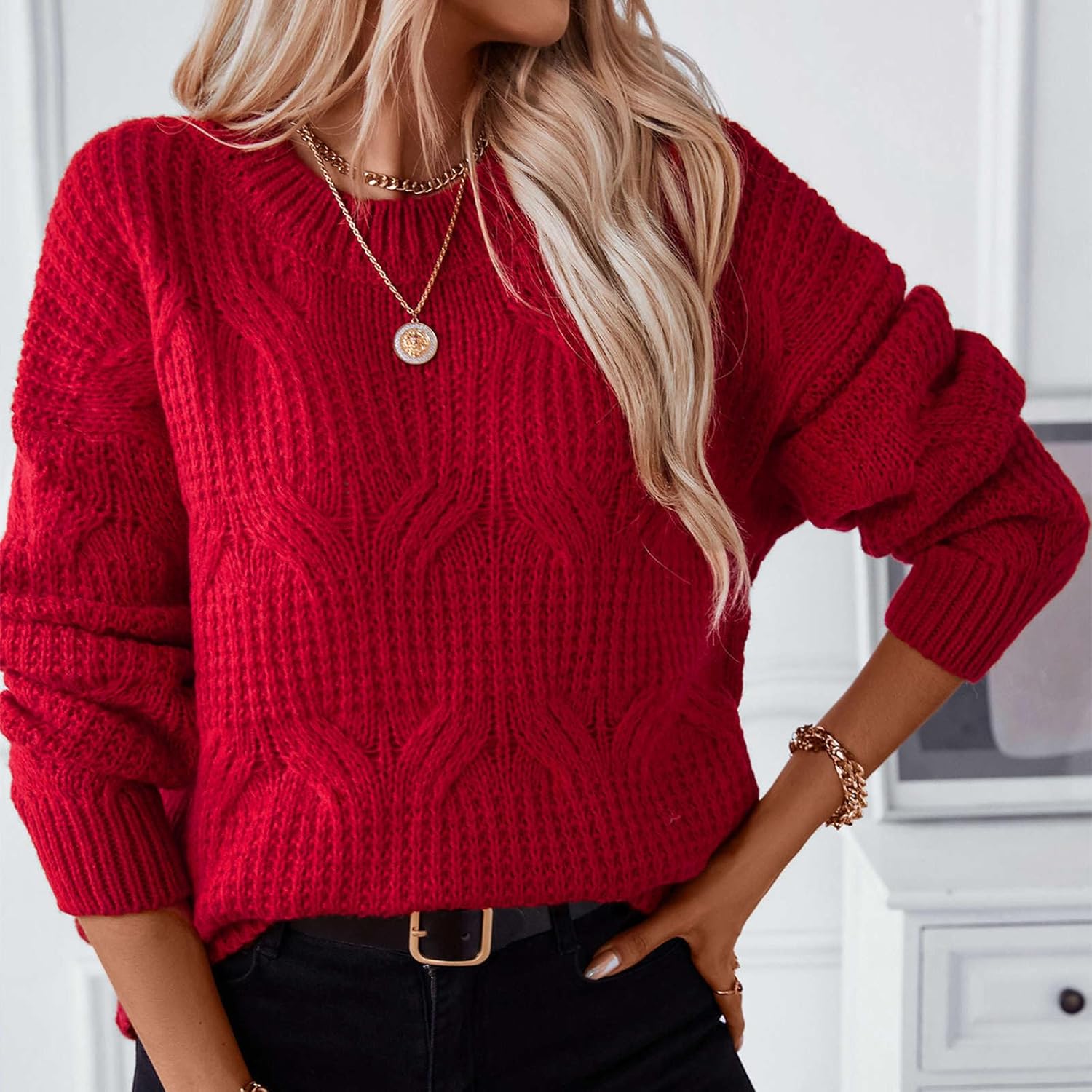 Womens Solid Knit Cable Sweater Casual Long Lantern Sleeve Pullover Crew Neck Knitted Tops Fall Winter Loose Knitwear