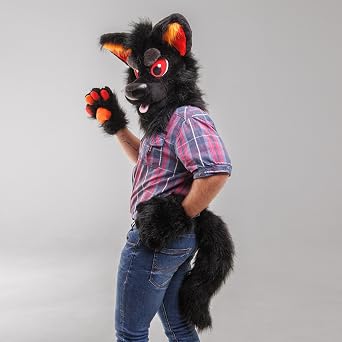 Oneandonlycostumes black wolf husky fursuit head, hand paws and tail