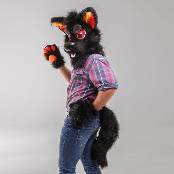 Oneandonlycostumes black wolf husky fursuit head, hand paws and tail