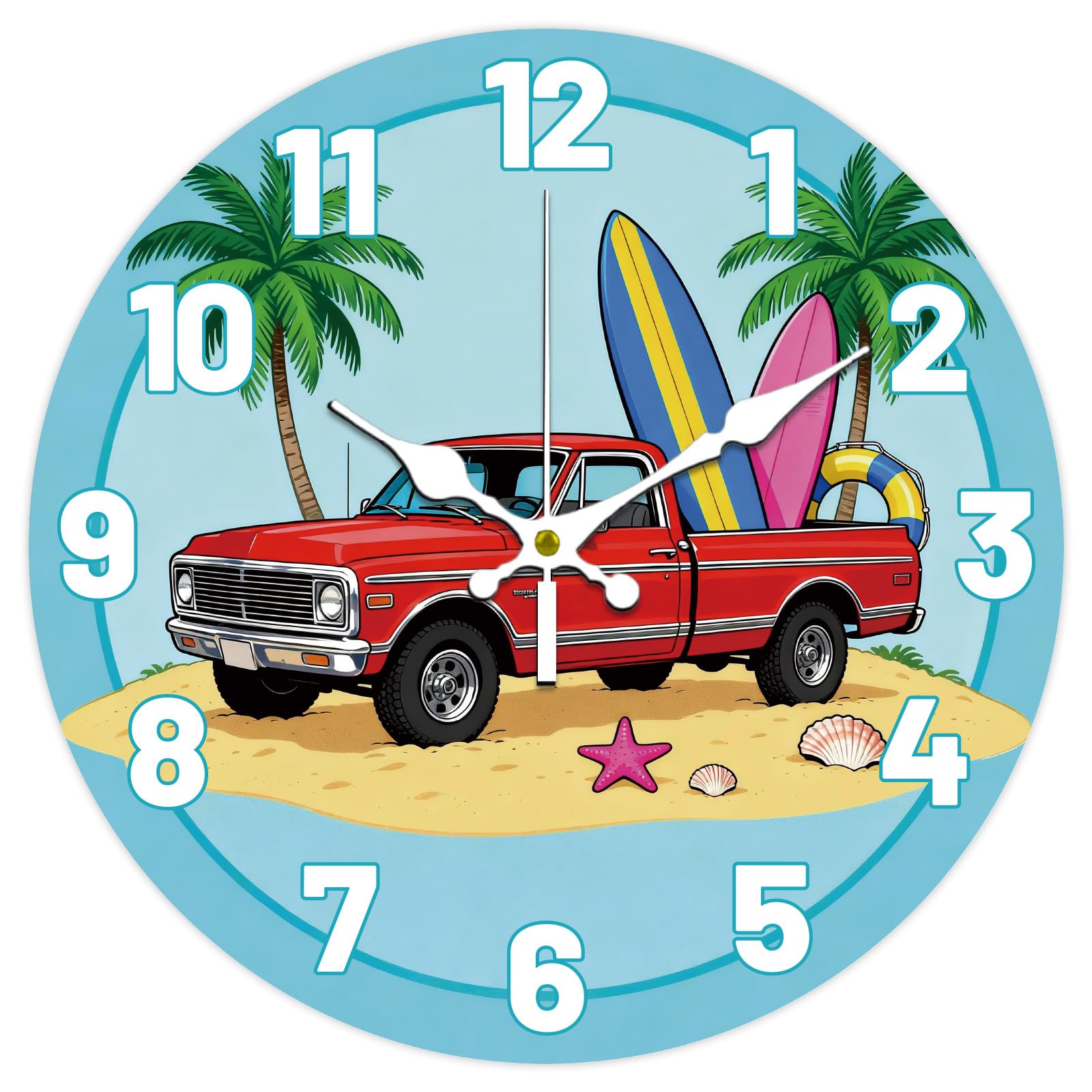 CONCHLERY Summer Trucks Pattern Clock 12 Inch Non-Ticking Clocks Round Wall Hanging Clock for Bedroom Living Room Kitchen Office