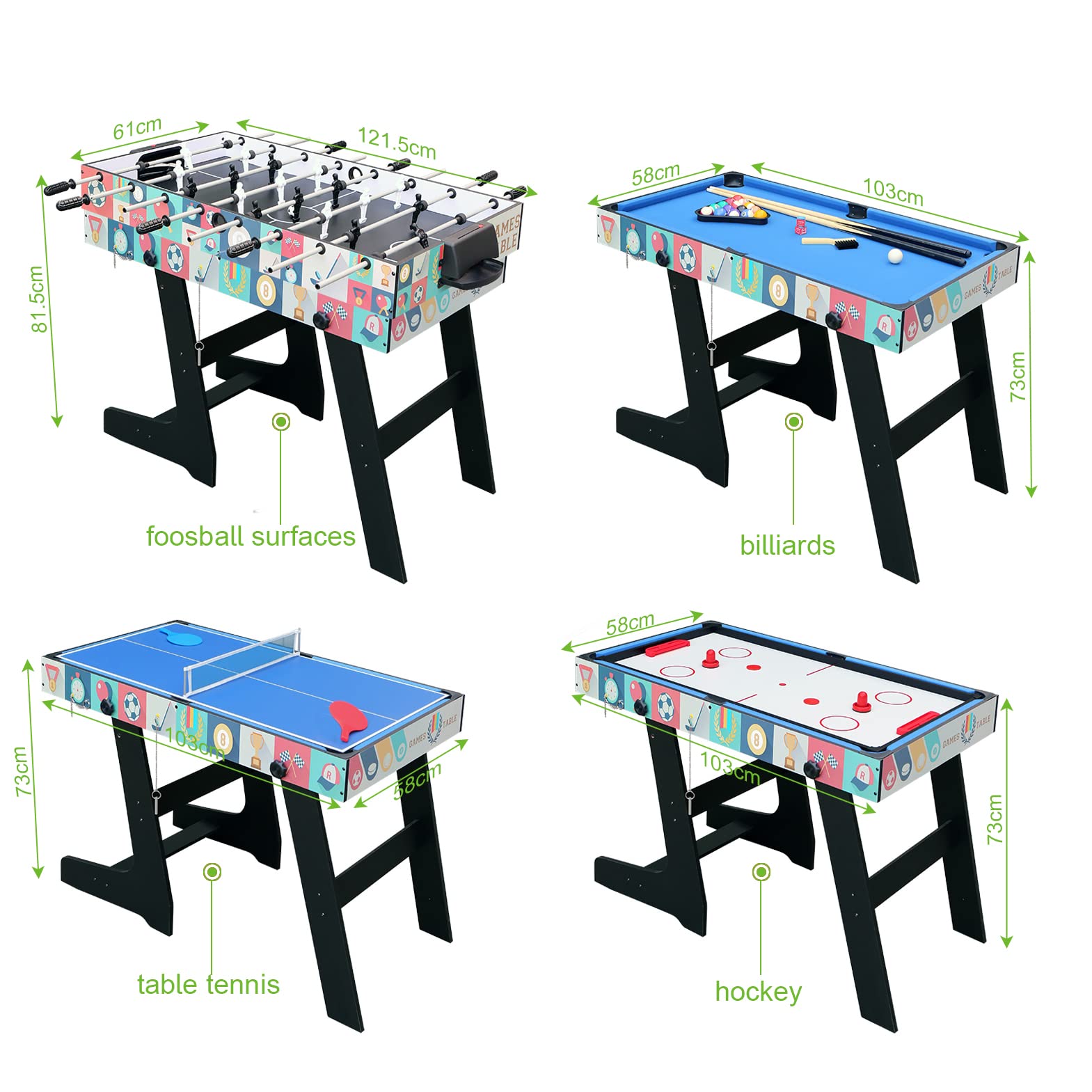 HLC - Mesa multijuegos 4 en 1, Mesa de Billar, Tenis de Mesa, Hockey y futbolín, con Patas Plegables