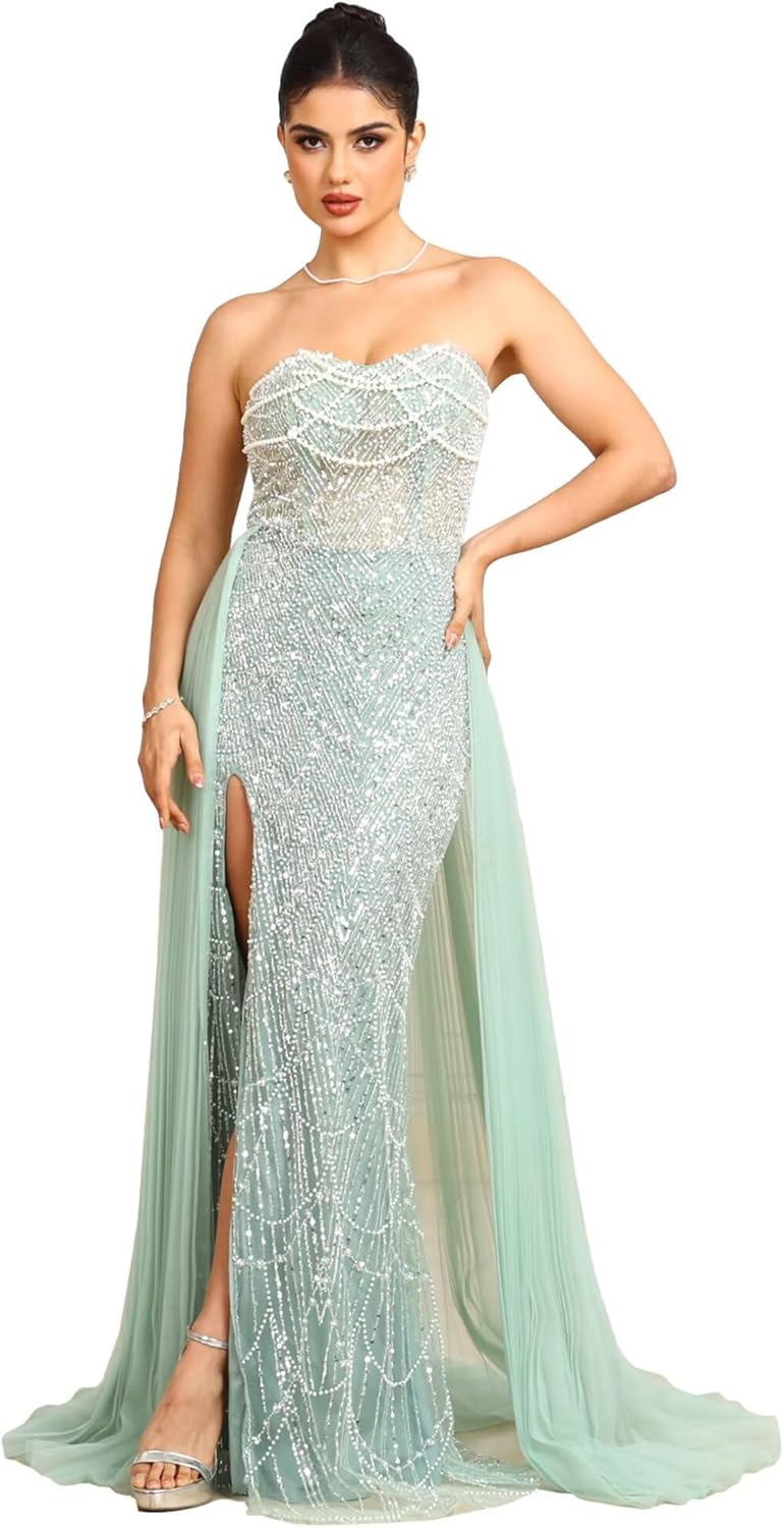 BABYONLINE D.R.E.S.S. Women's Handmade Sequin Evening Gown, Strapless Formal Dress with Side Split, Mesh Overlay 3200