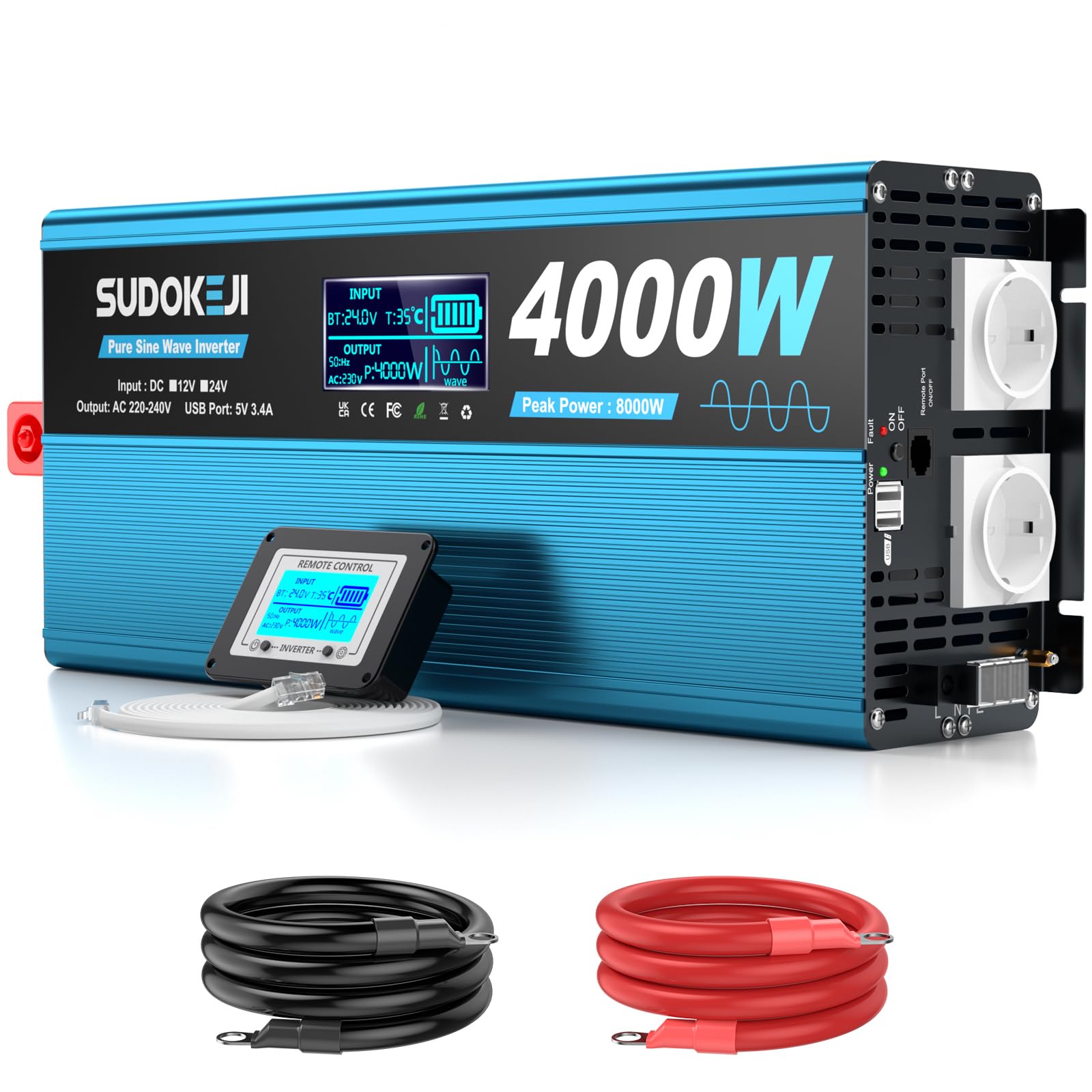 Wechselrichter 24V auf 230V Reiner Sinus 4000W Spannungswandler mit LCD-Bildschirm-Fernbedienung 2 EU-Steckdosen & 2 USB-Anschluss für Wohnwagen, Boot, Camping