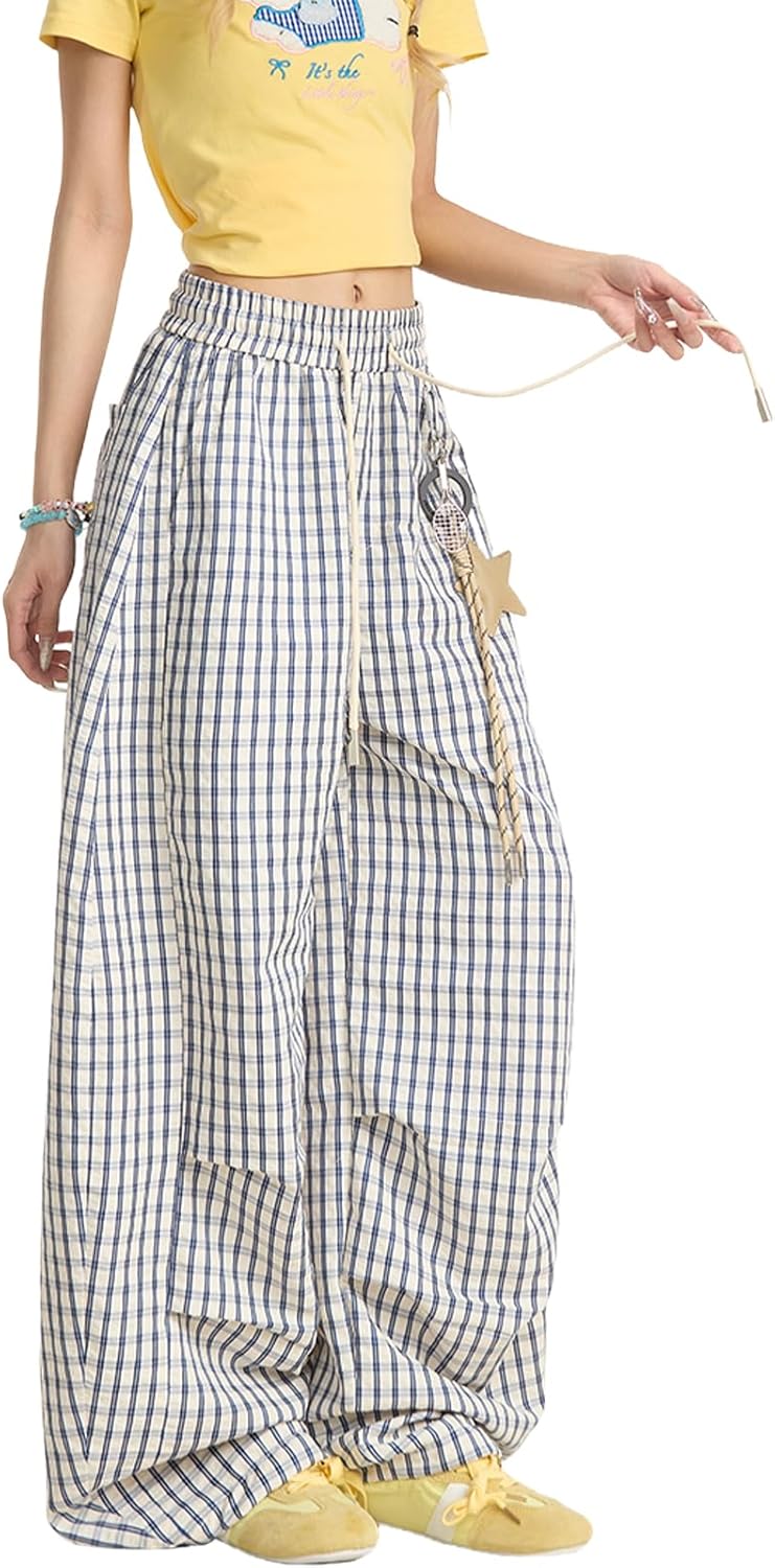 Women Plaid Cargo Pants Drawstring High Waisted Wide Leg Y2K Casual Trousers Trendy Baggy Streetwear Parachute Pants - Image 4