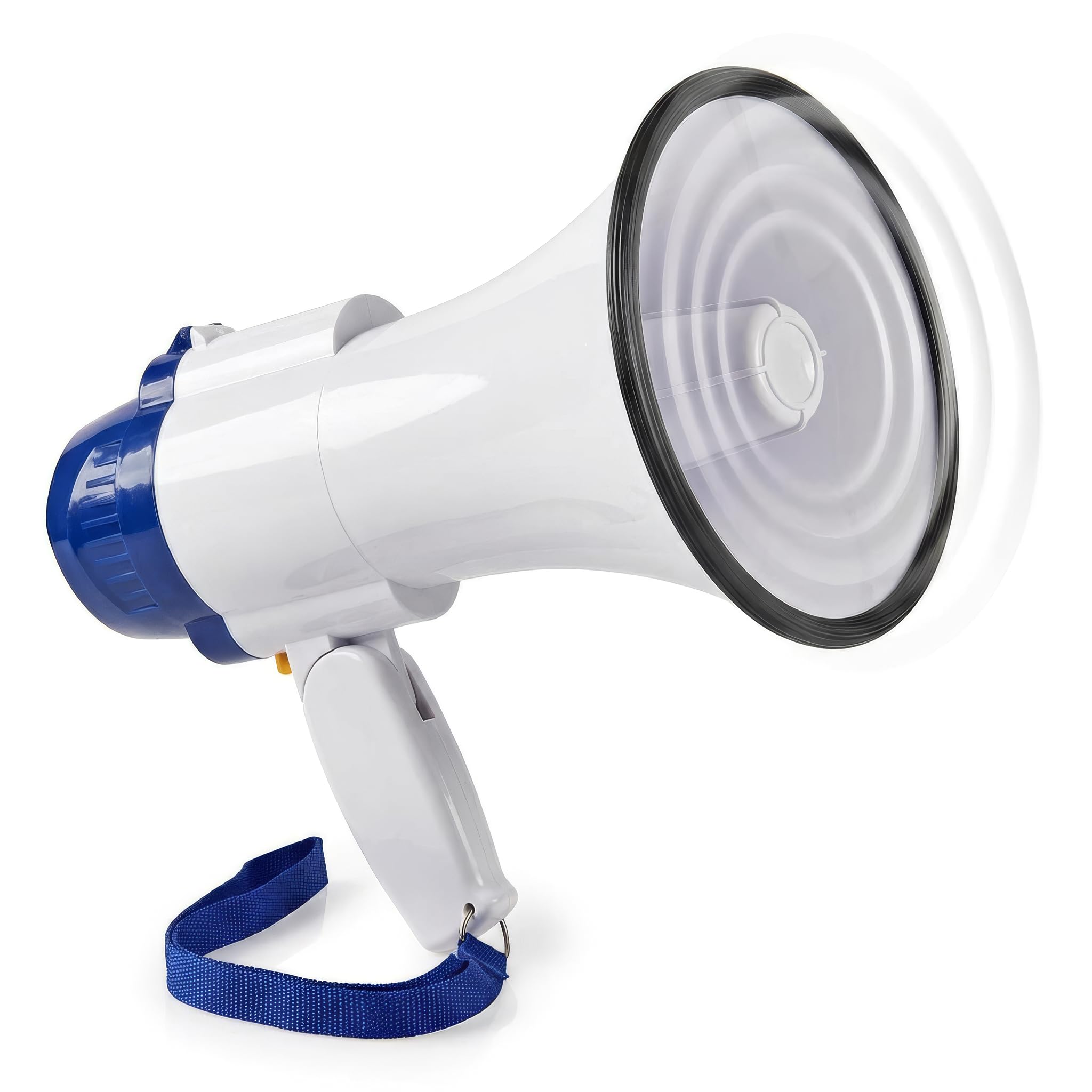 Nedis Megafono, con Cinghia di Trasporto e Microfono Integrato, Funzione Sirena e Registrazione, Raggio di Trasmissione 250 m, Controllo del Volume max.: 115 dB, Blu-​Bianco