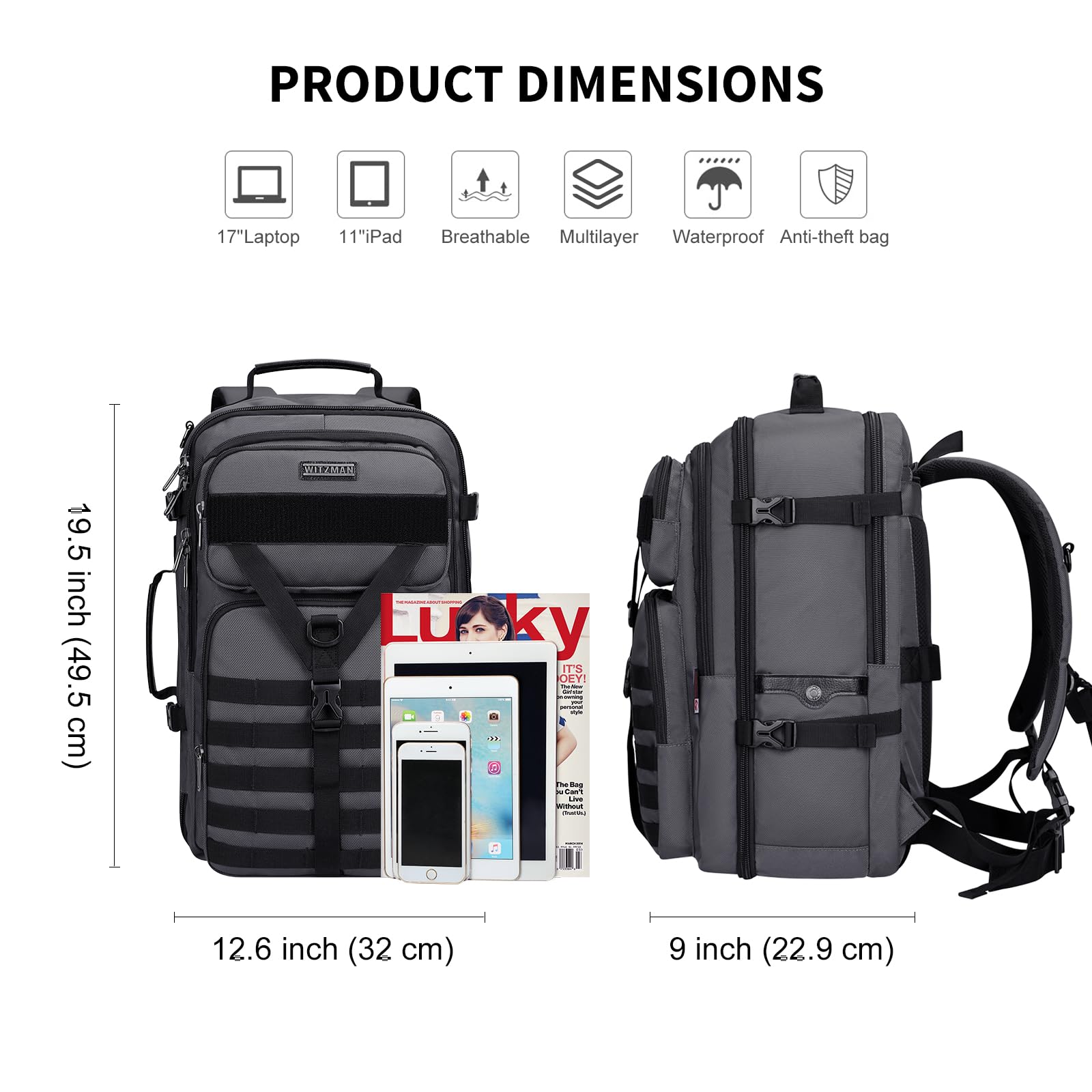 WITZMAN Sac à Dos de Voyage Homme 45L Convertible 3-en-1 PC 17 Pouces