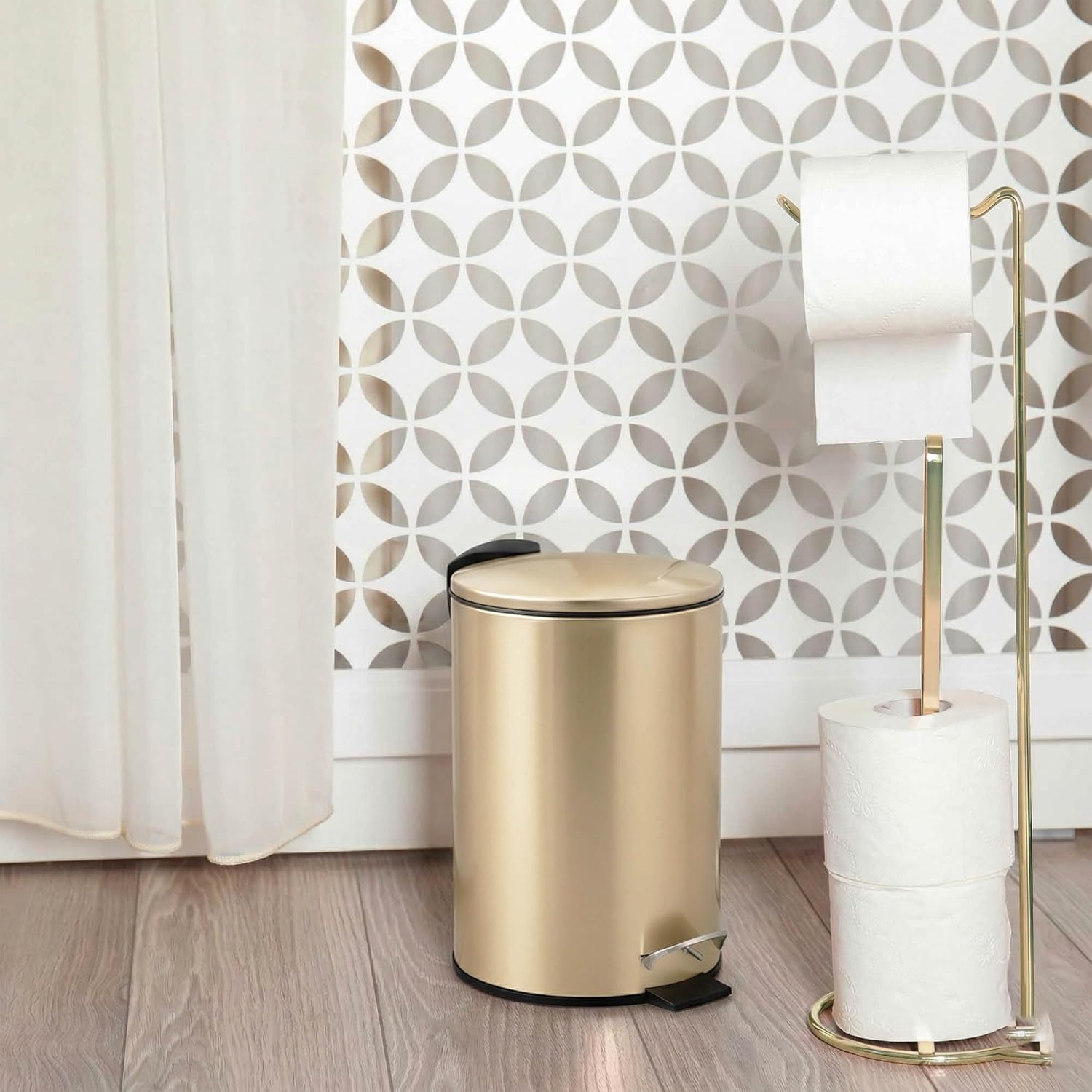 Stylish Brushed Gold Trash Can with Soft Close Lid – 3 Liters (0.8 Gallon) - Compact Metal Waste Bin for Bathroom, Office, or Bedroom - Elegant Pedal Trash Bin with Removable Inner Bucket