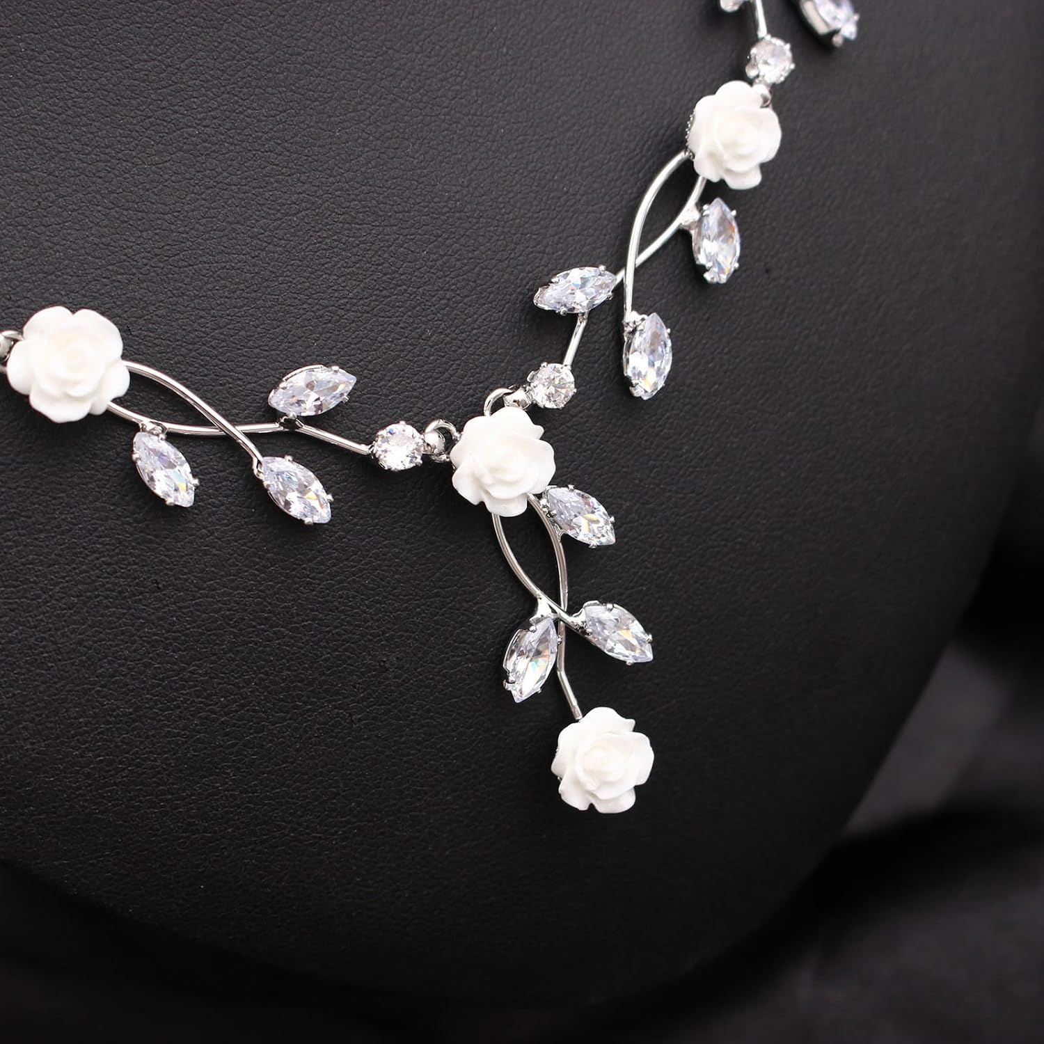 Luxury Cubic Zirconia White Flower Necklace Dangle Earrings Bracelet Prom Bride Wedding Jewelry Sets for Women - Image 4