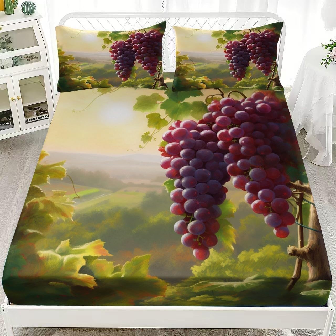 Grapes Double Fitted Sheet Fruit Bed Sheets Deep Pocket 12 inch (30 cm) Soft Cozy 3 Piece Microfibre Bed Sheet 135x190 cm with 2 Pillowcases 50x75 cm