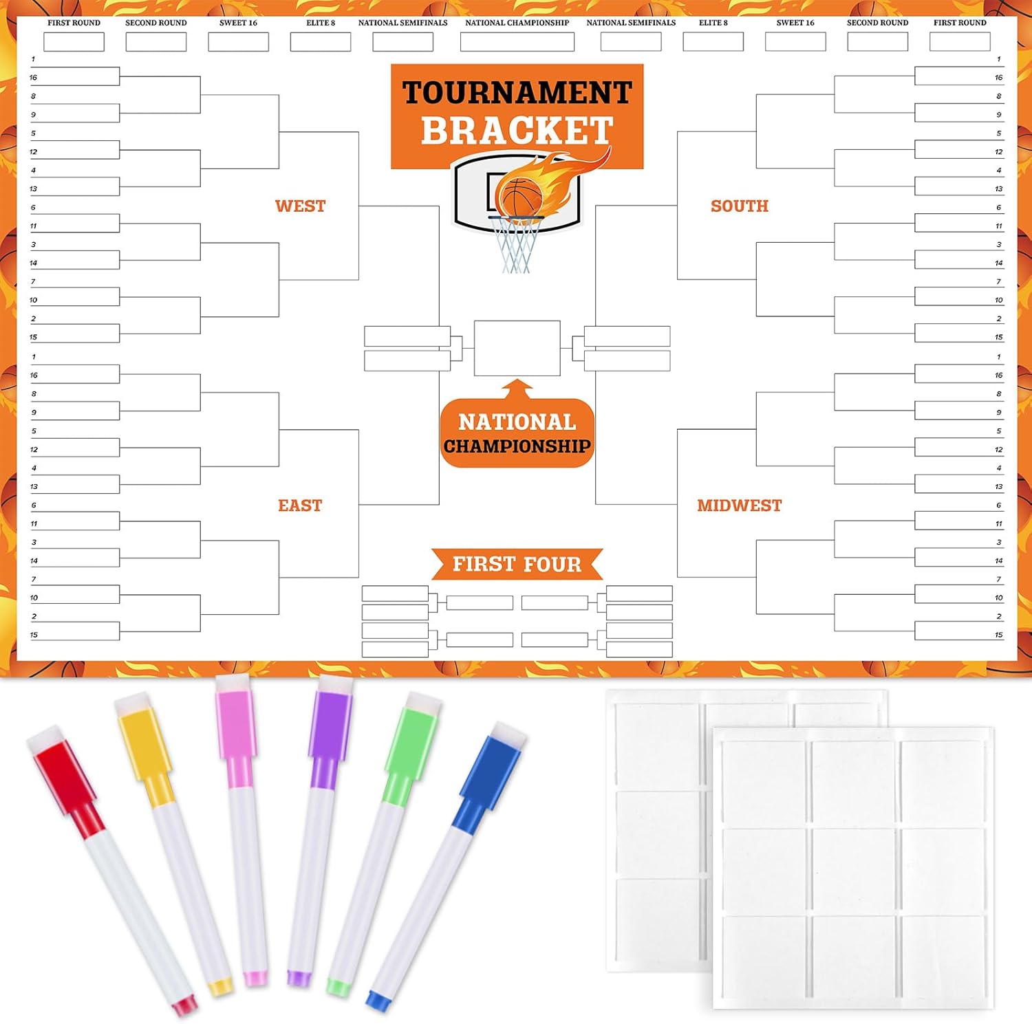 Basketball Tournament Bracket Poster Set Includes 19 x 13lnch Reusable Dry Erase Bracket Board Poster with 6 Color Magnetic Dry Erase Markers and Eraser for School Classroom Home Office (64 Team)